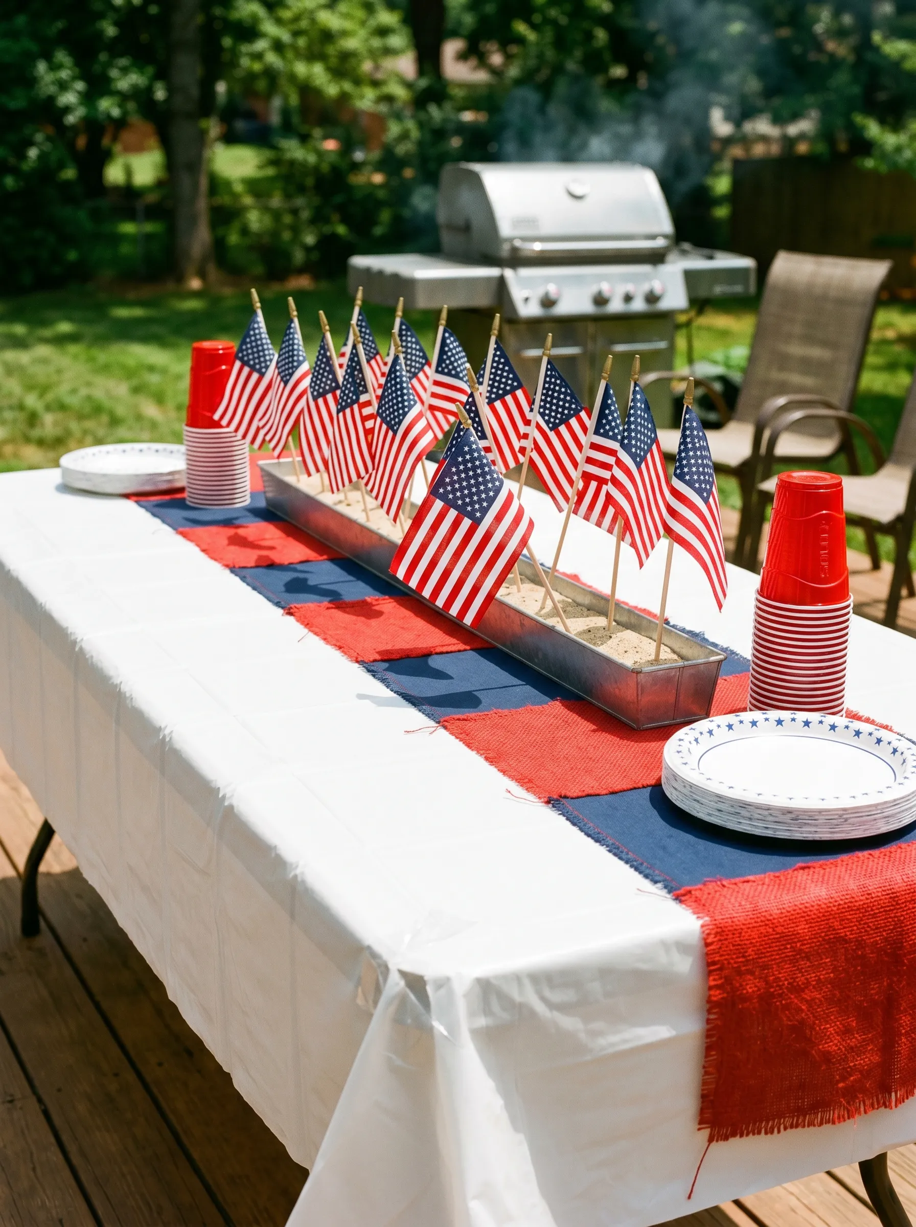 The Flag Runner on the Backyard Grill Table With Sand-Filled Flag Centrepiece