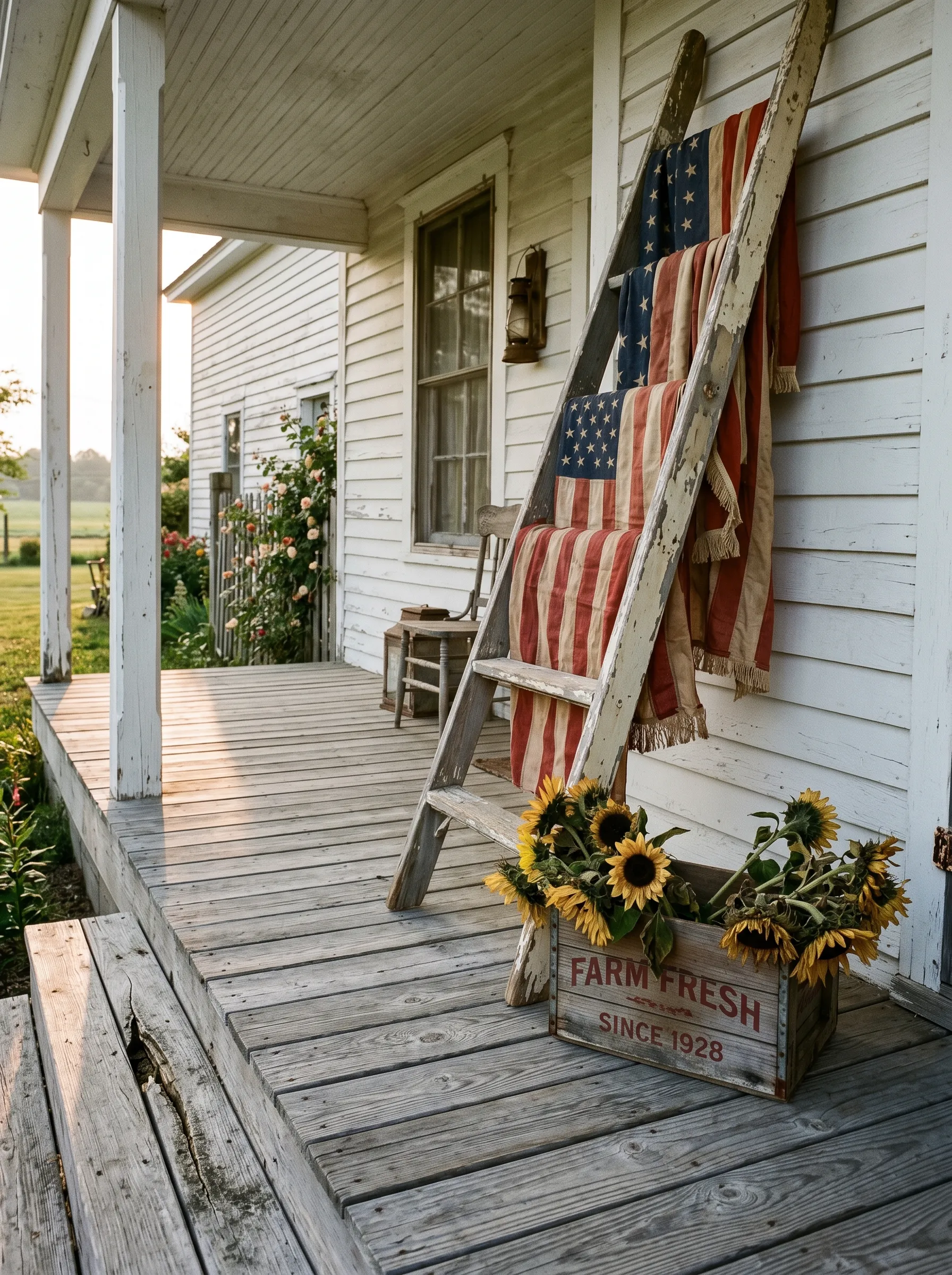 The Farm Ladder Porch Where Sunflowers Do the Patriotic Work