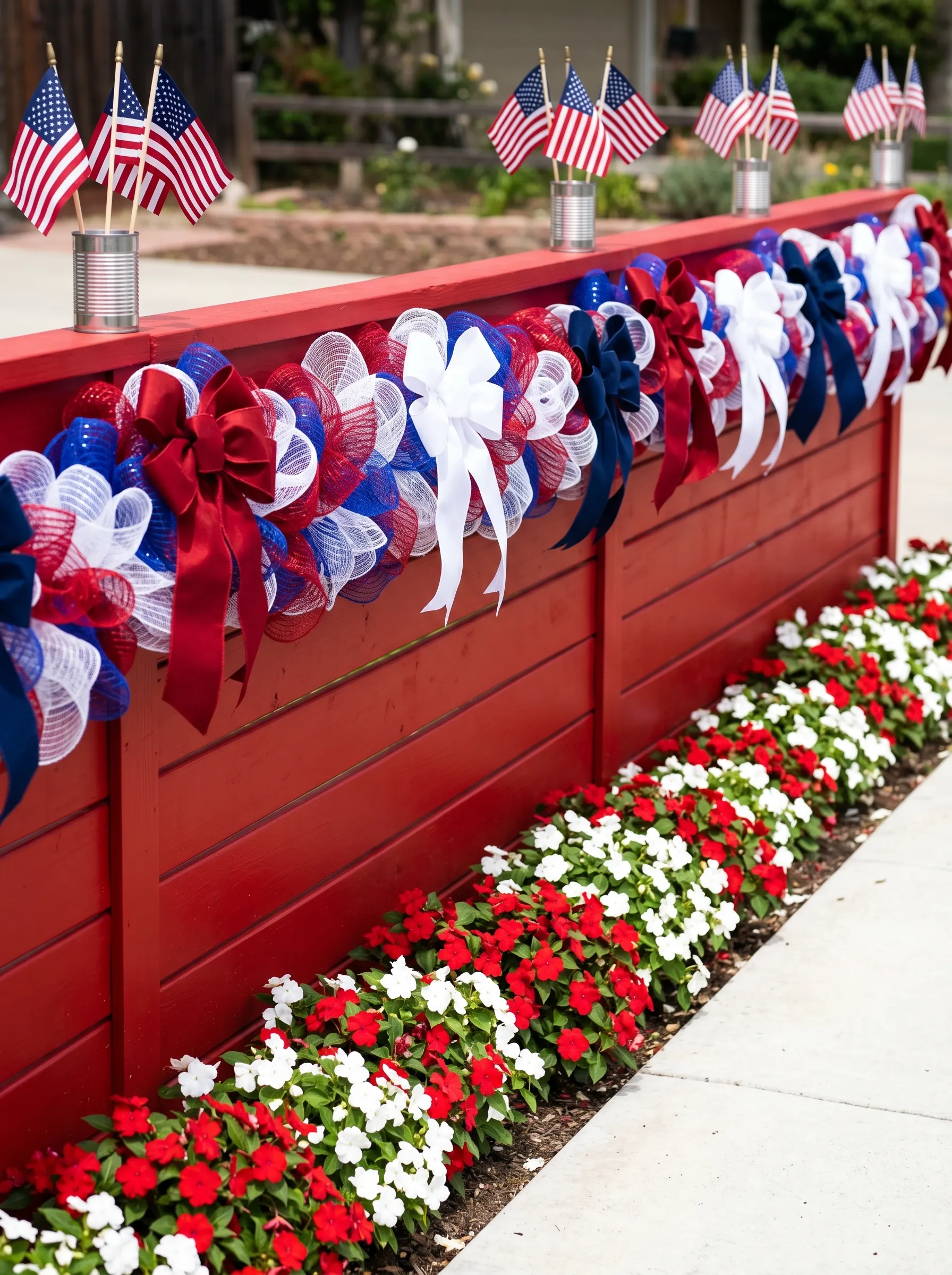 The Red-Painted Planter Wall With Deco Mesh Wreaths in a Line