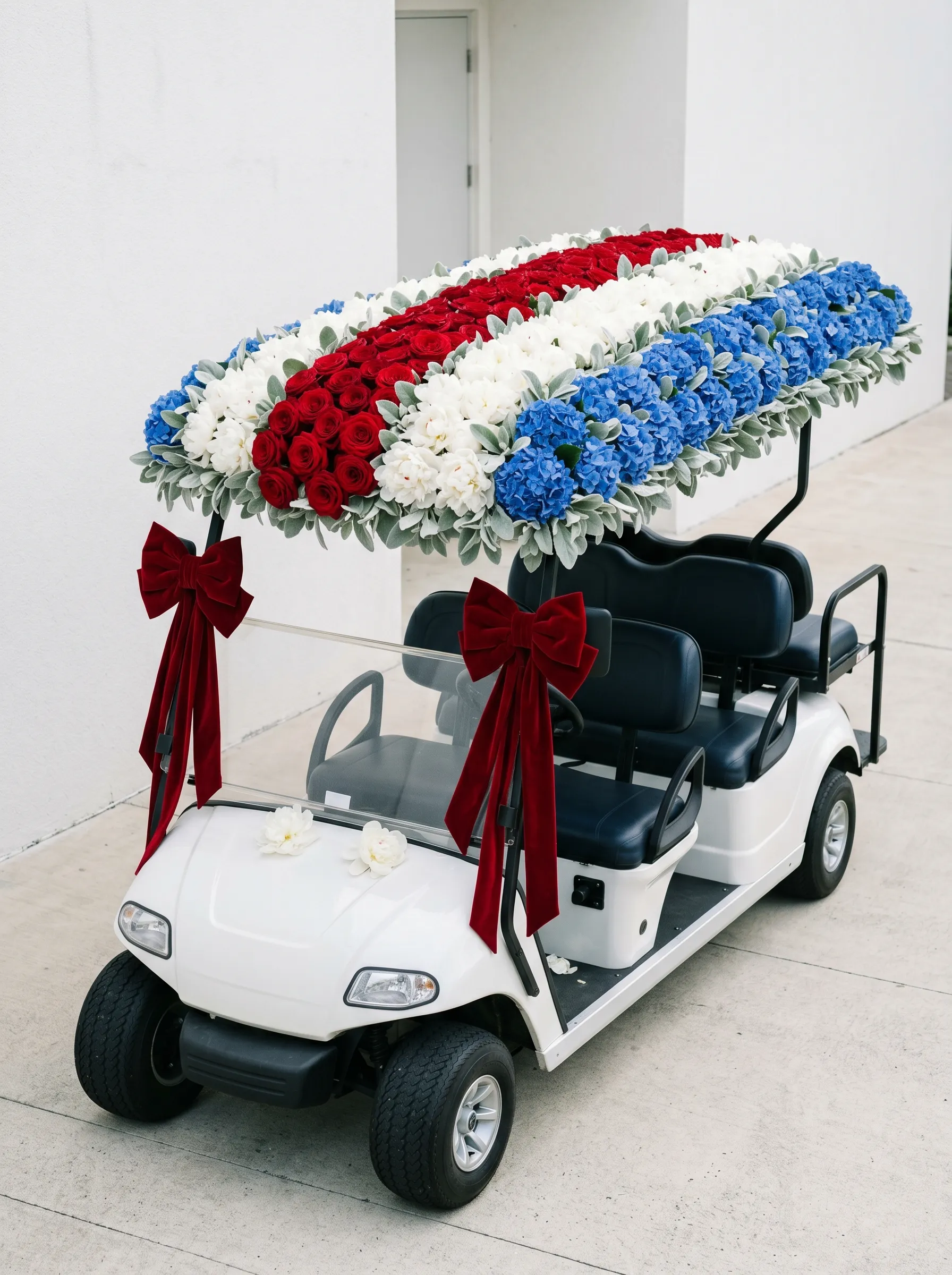 The Flower Roof Installation on a White Six-Passenger