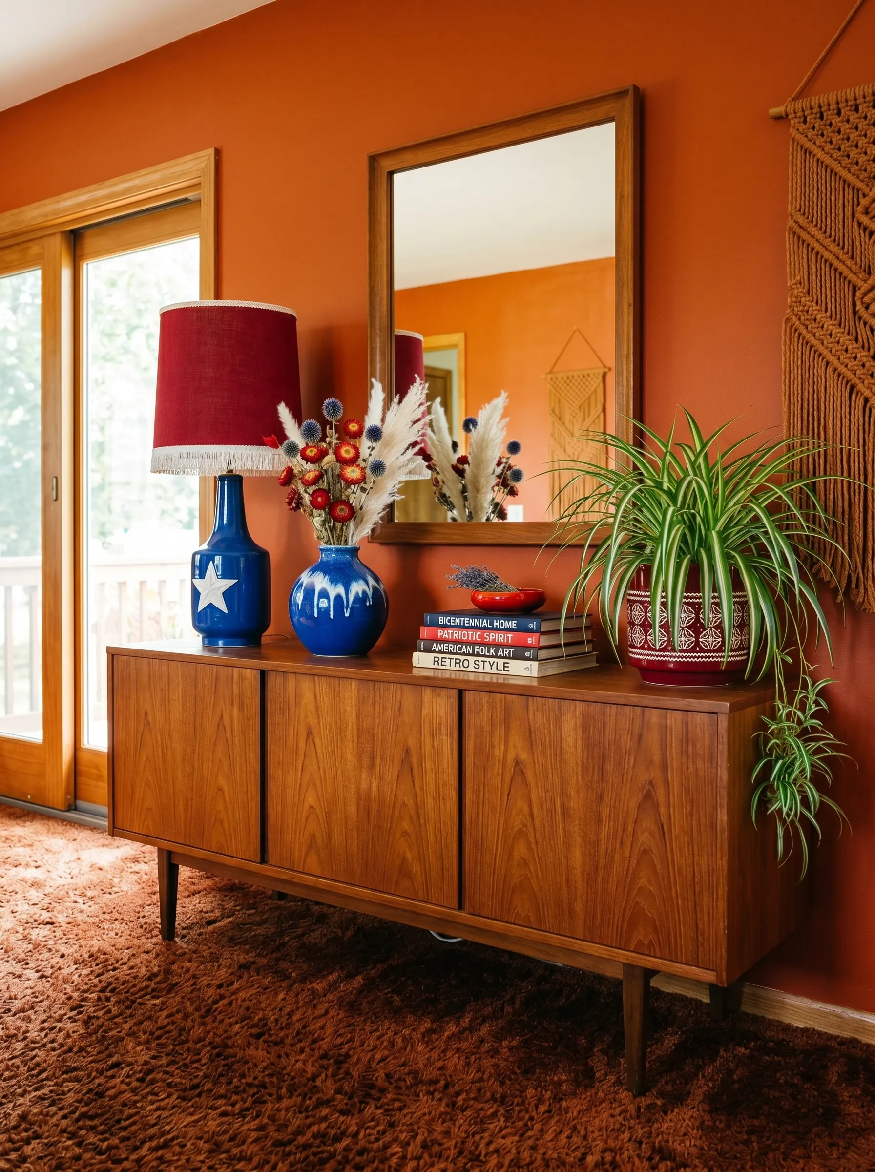 The Mid-Century Sideboard With Burnt Orange Walls and Blue Ceramic Lamp