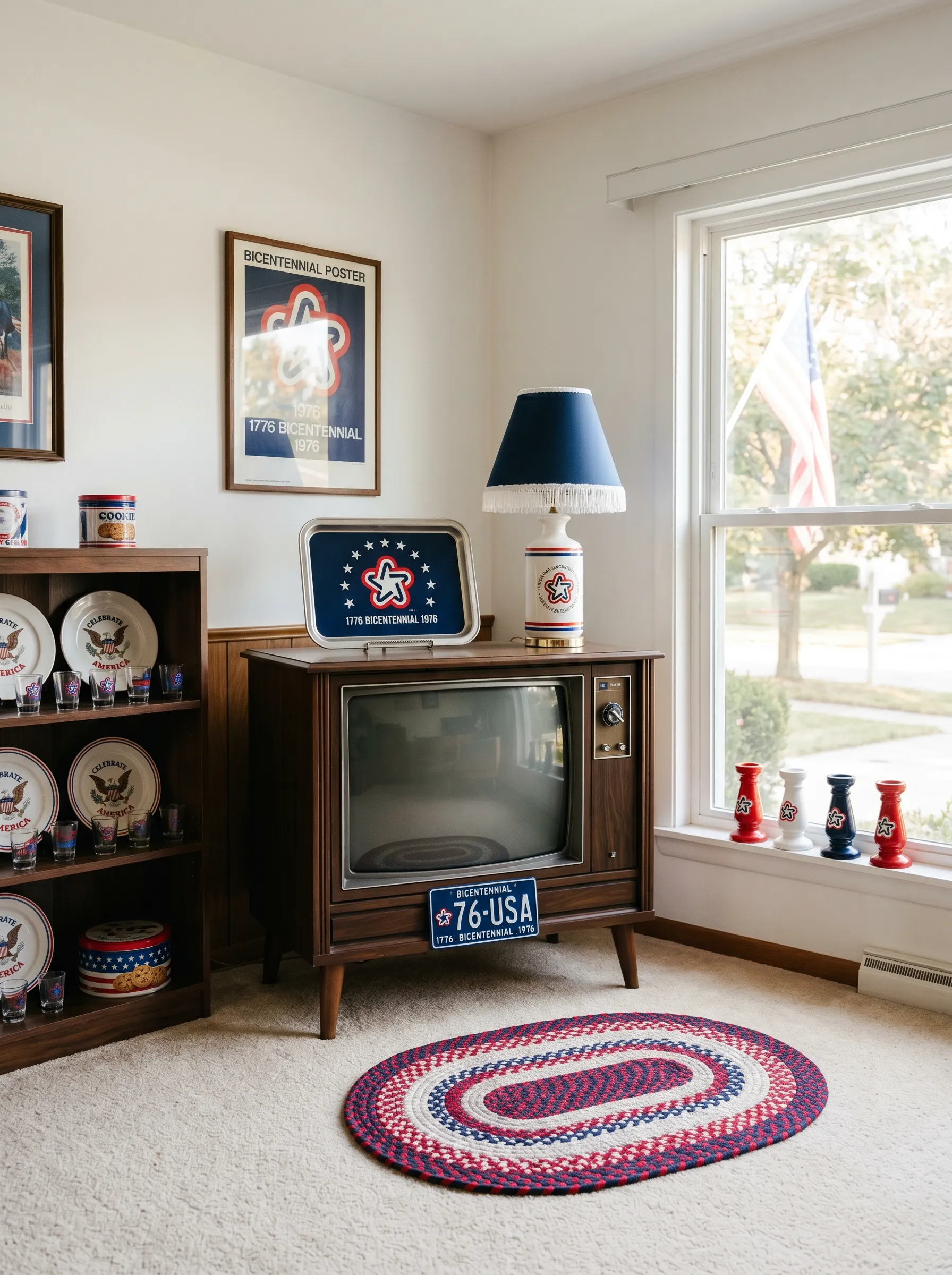 The 1976 Bicentennial Corner With Vintage TV Cabinet and Era-Specific Collectibles