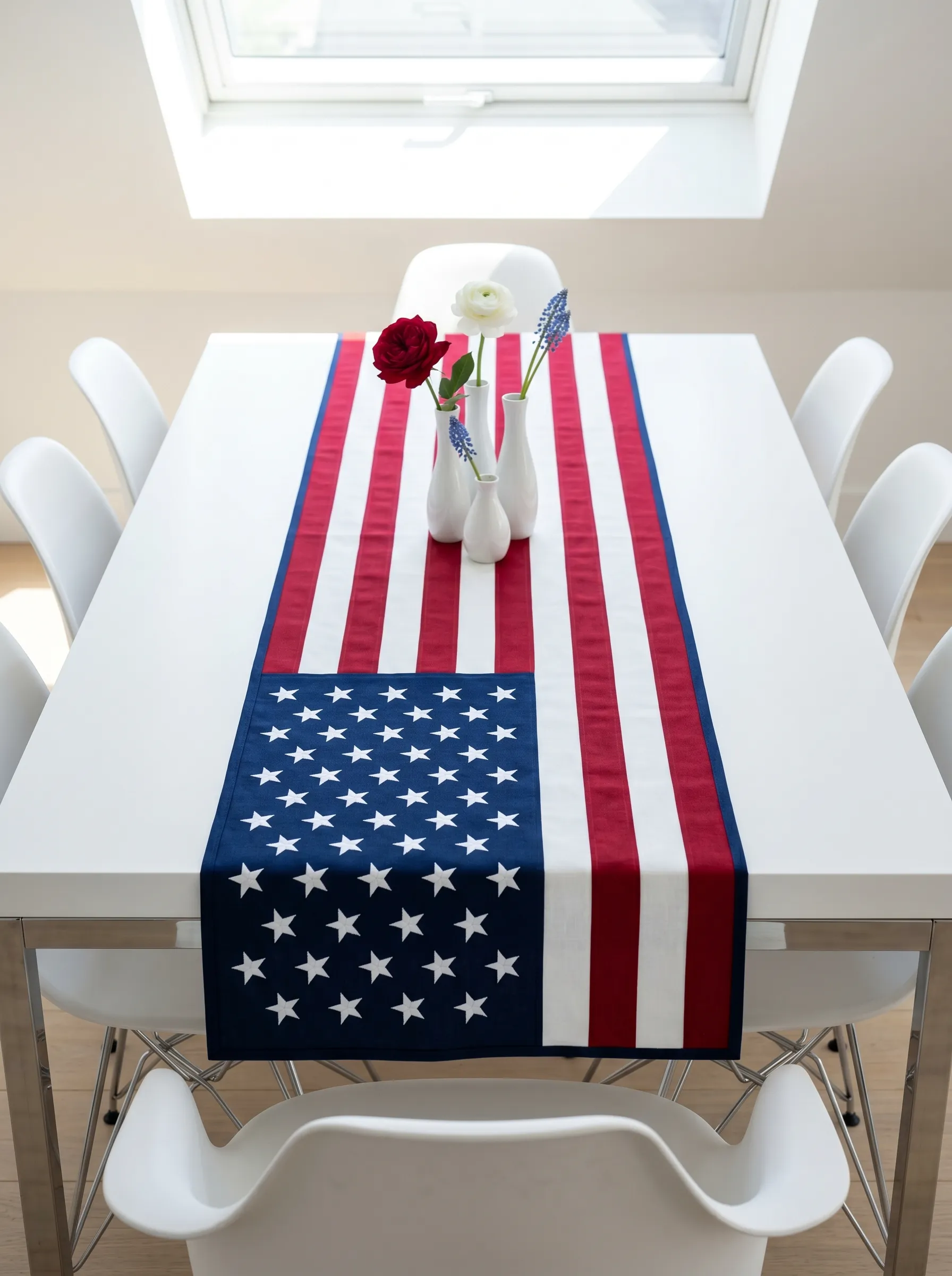The Vertical Flag Strip Runner on an All-White Modern Table