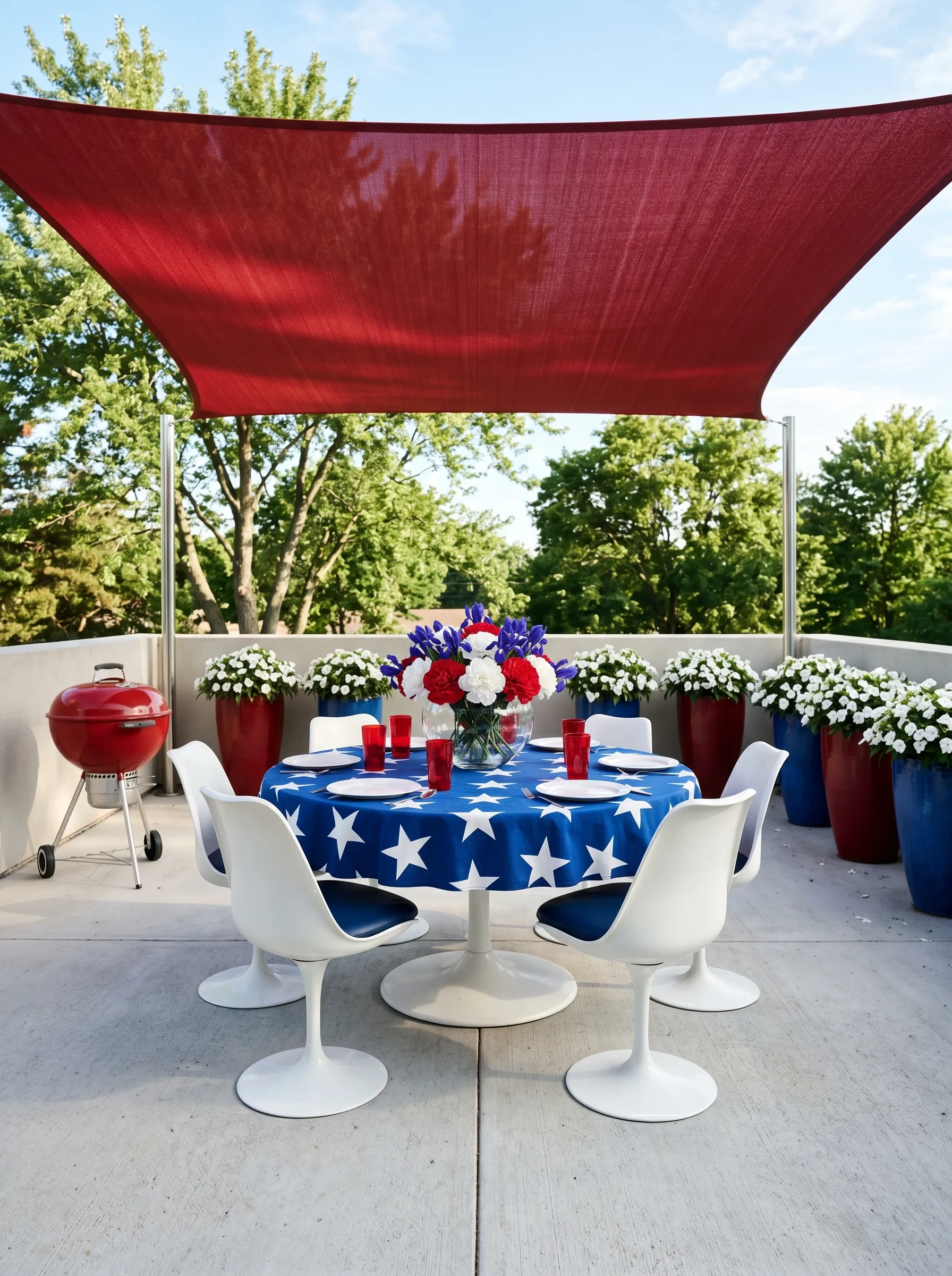 The Modern Rooftop Dining Setup With Star Tablecloth and Tulip Chairs