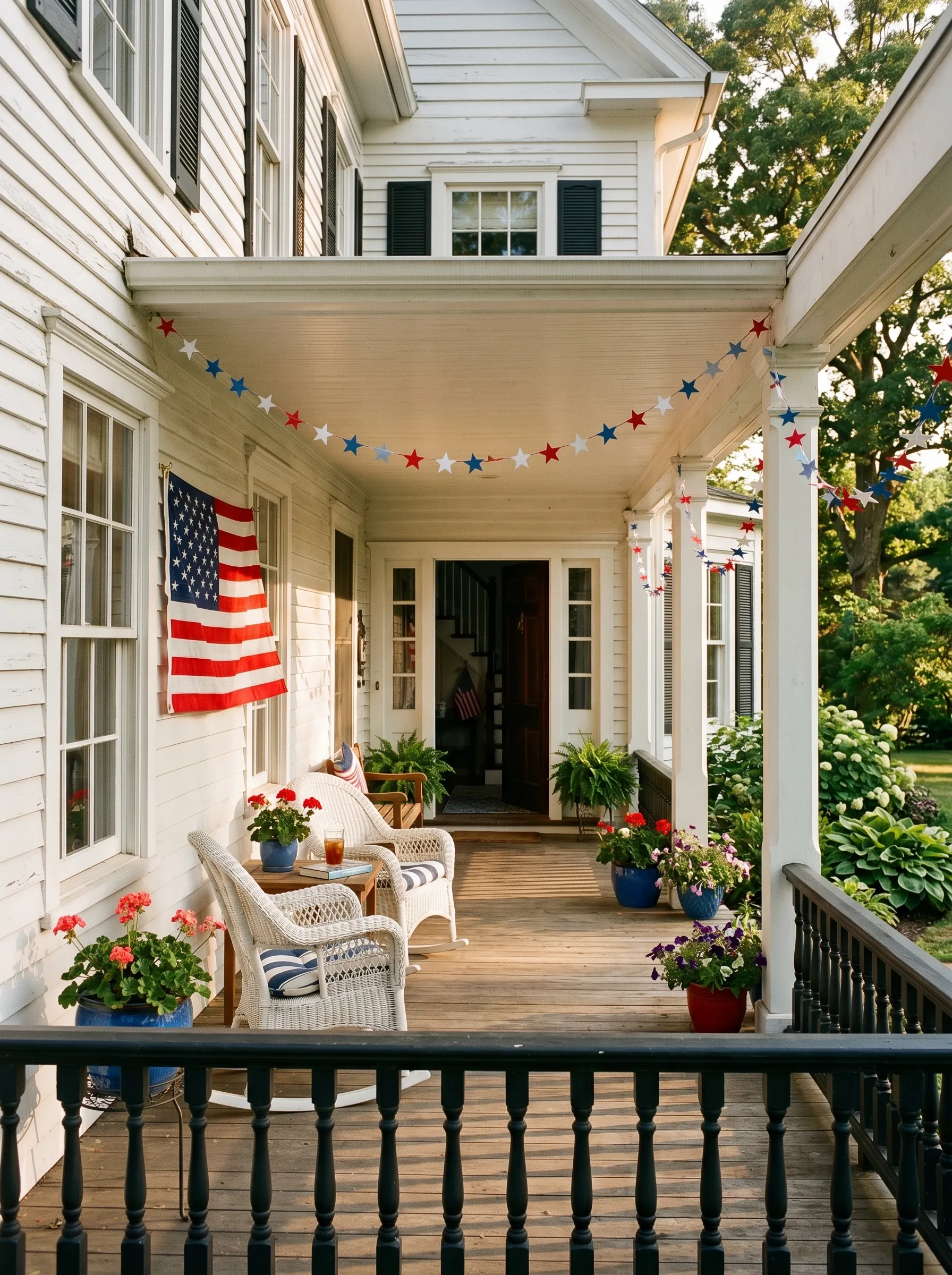 The Old White Porch With Star Garland Overhead