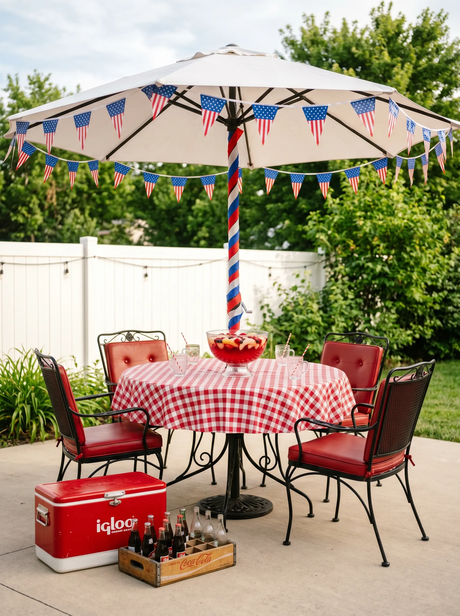 The Backyard Patio With Gingham Cloth, Red Igloo Cooler, and Barber-Pole Umbrella