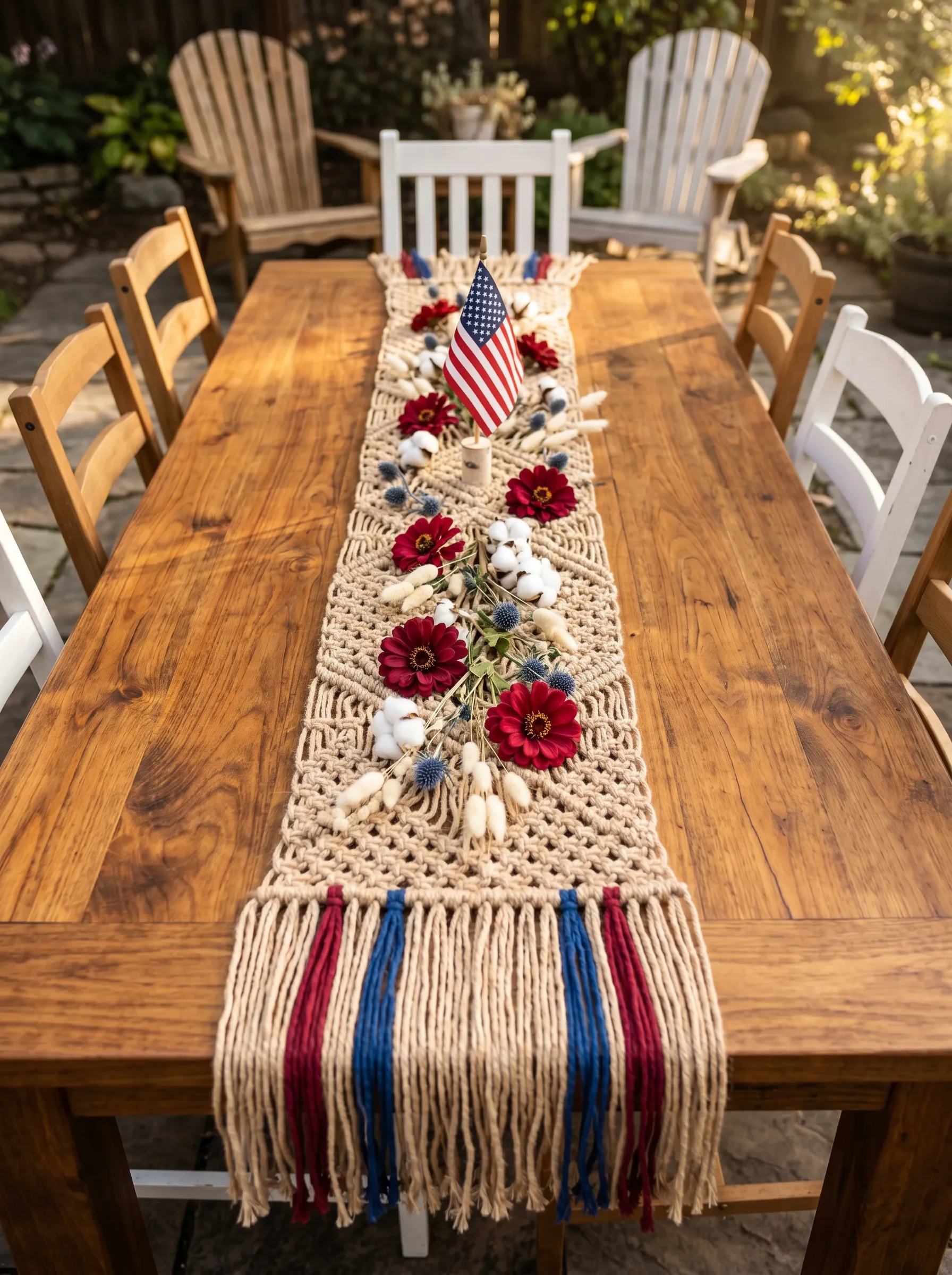 The Macramé Jute Runner With Scattered Botanicals and a Single Flag