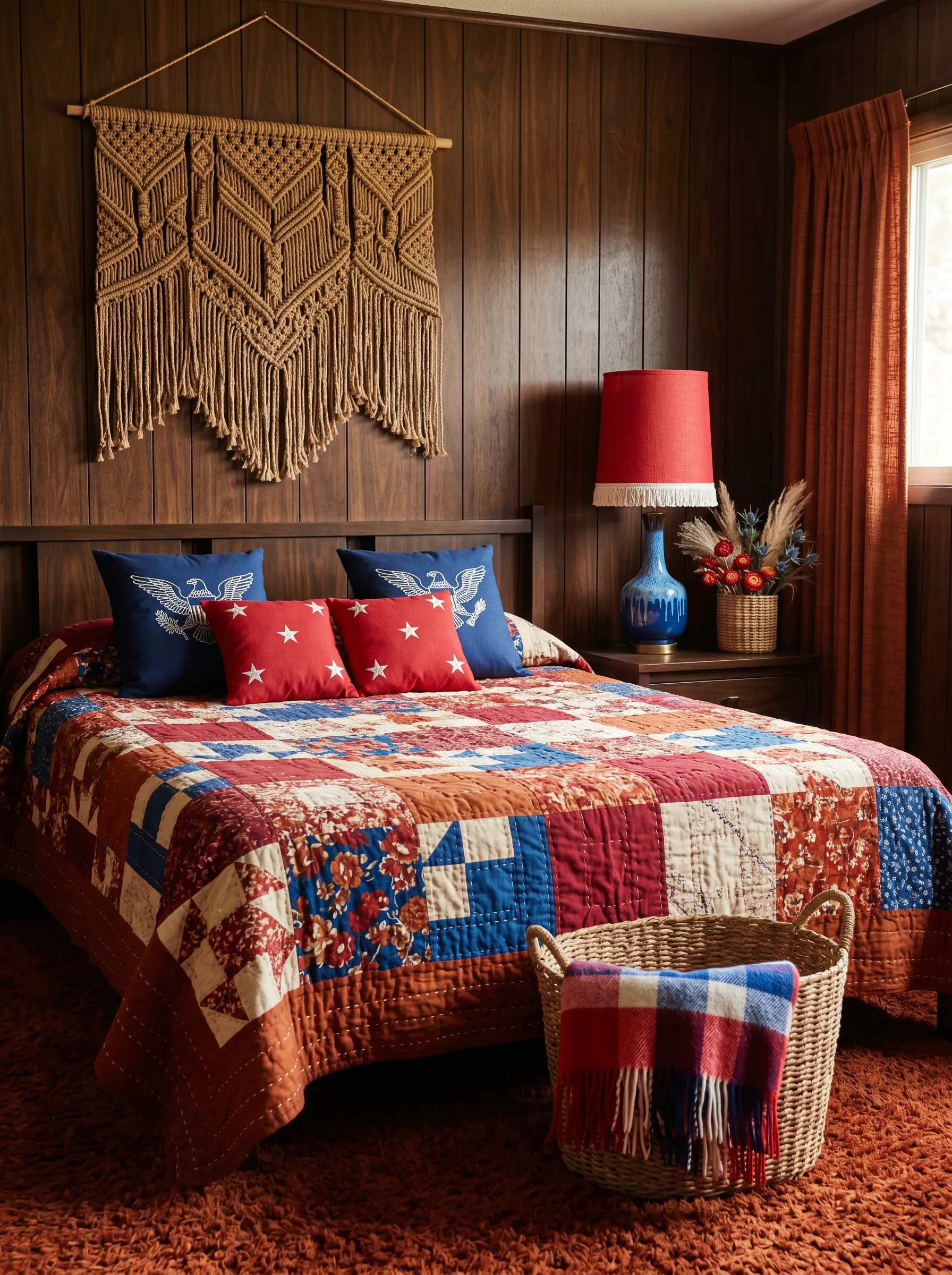 The 1970s Wood-Panel Bedroom With Patriotic Patchwork Quilt and Macramé Wall Hanging