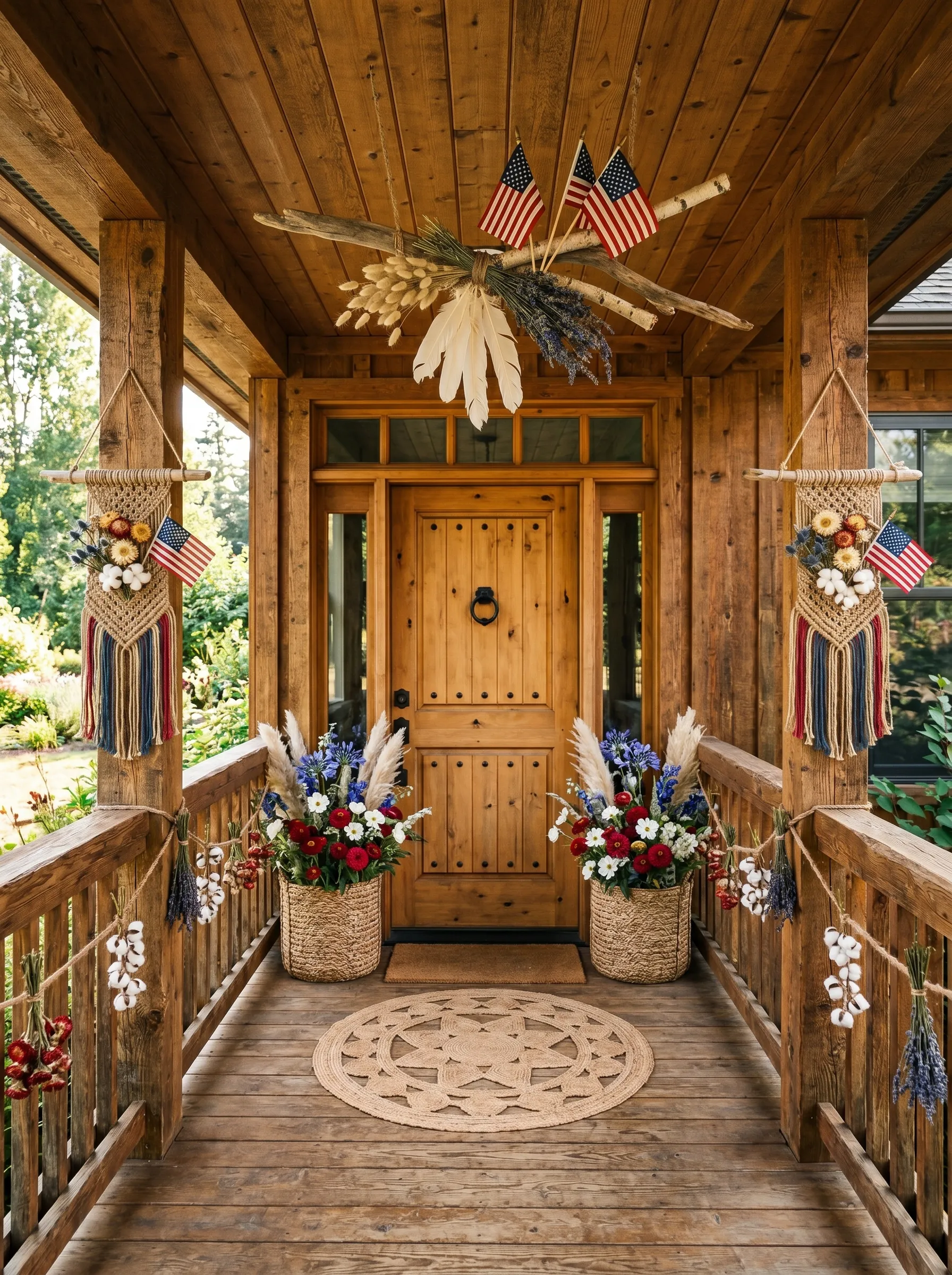 The Log Cabin Porch That Makes Macramé Feel Patriotic