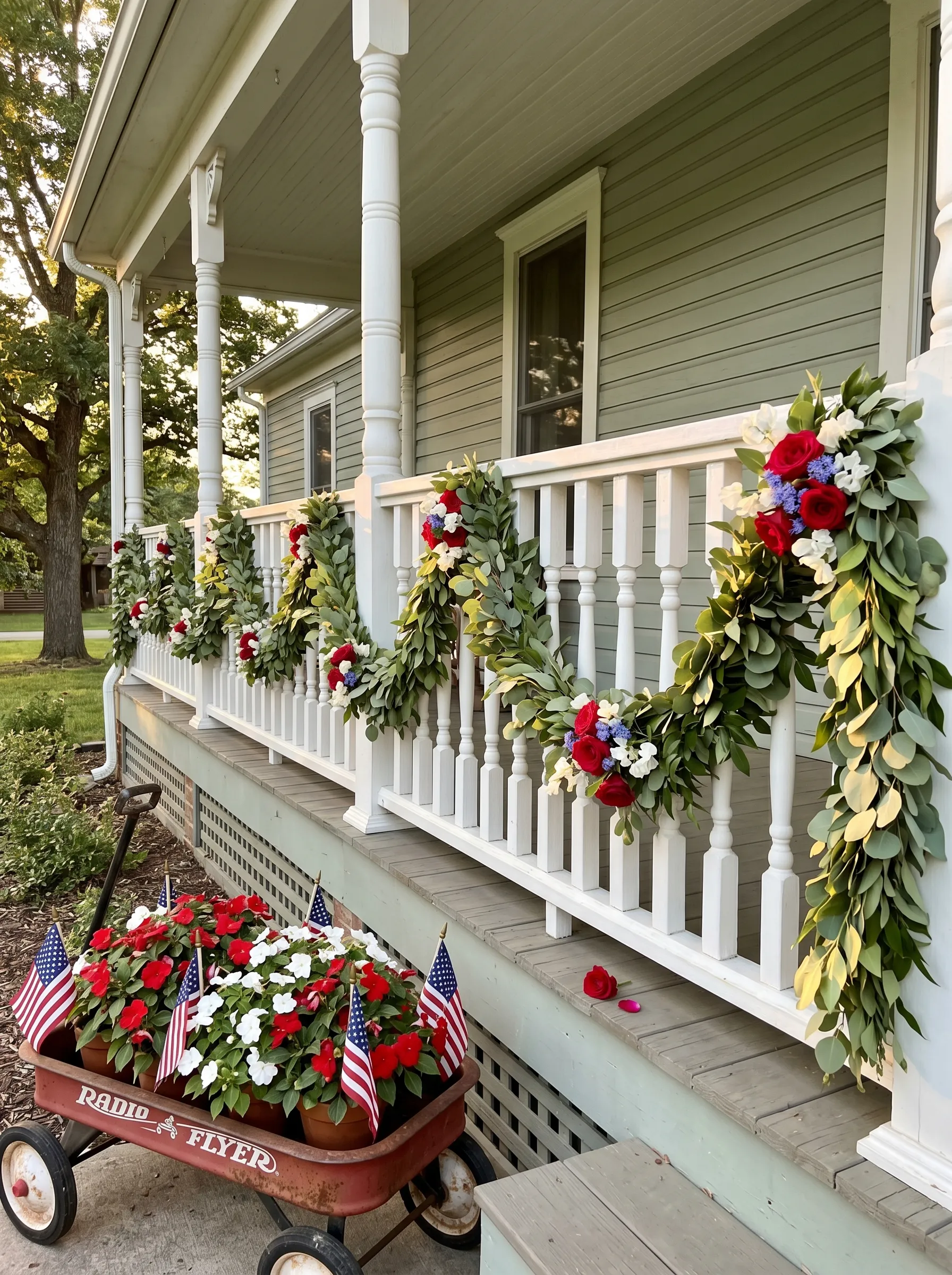The Railing Garland Porch That Uses the Sage Green House as a Fourth Color