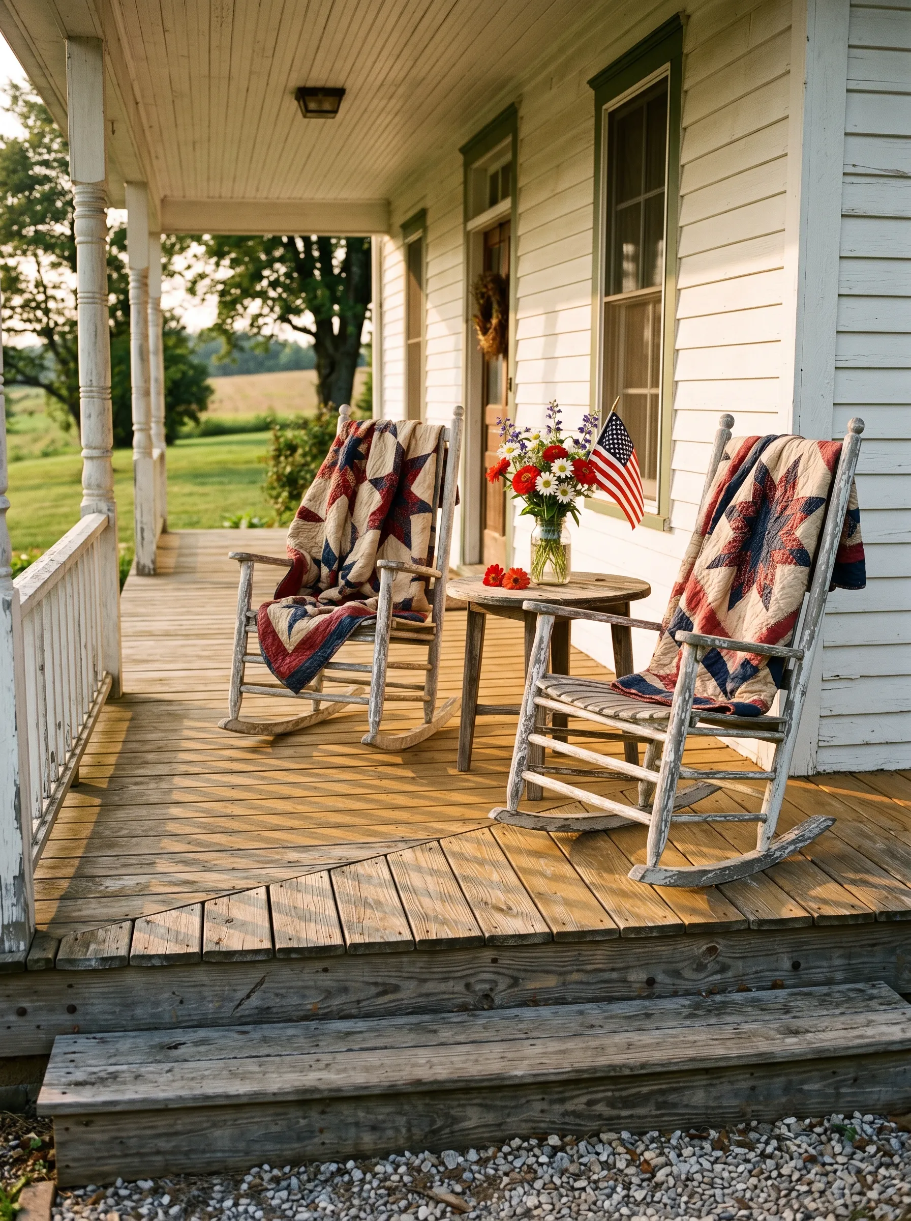 The Golden-Hour Farmhouse Porch That Gets Everything Right With Quilts and Three Wildflowers