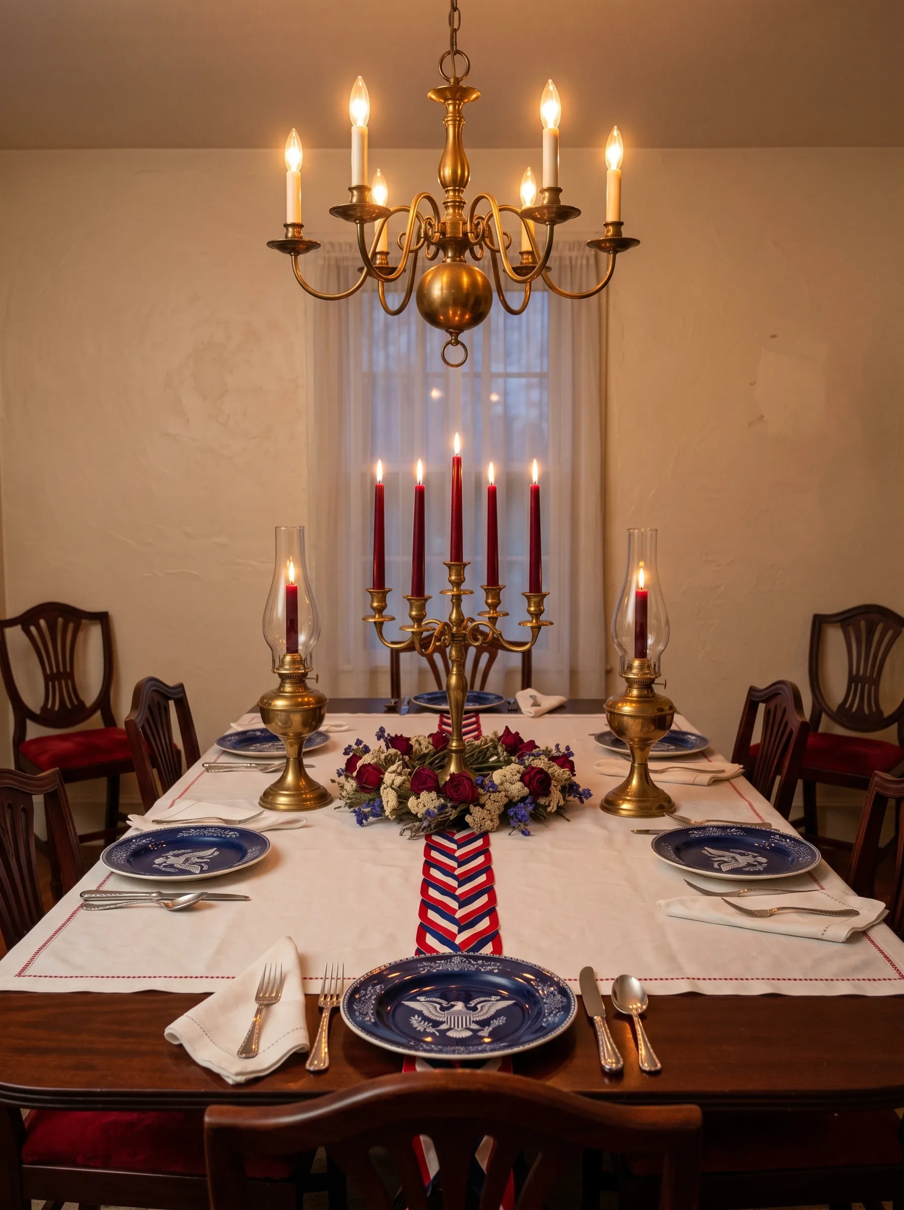 The Candlelit Colonial Dining Table With Brass Candelabra and Blue Eagle Plates