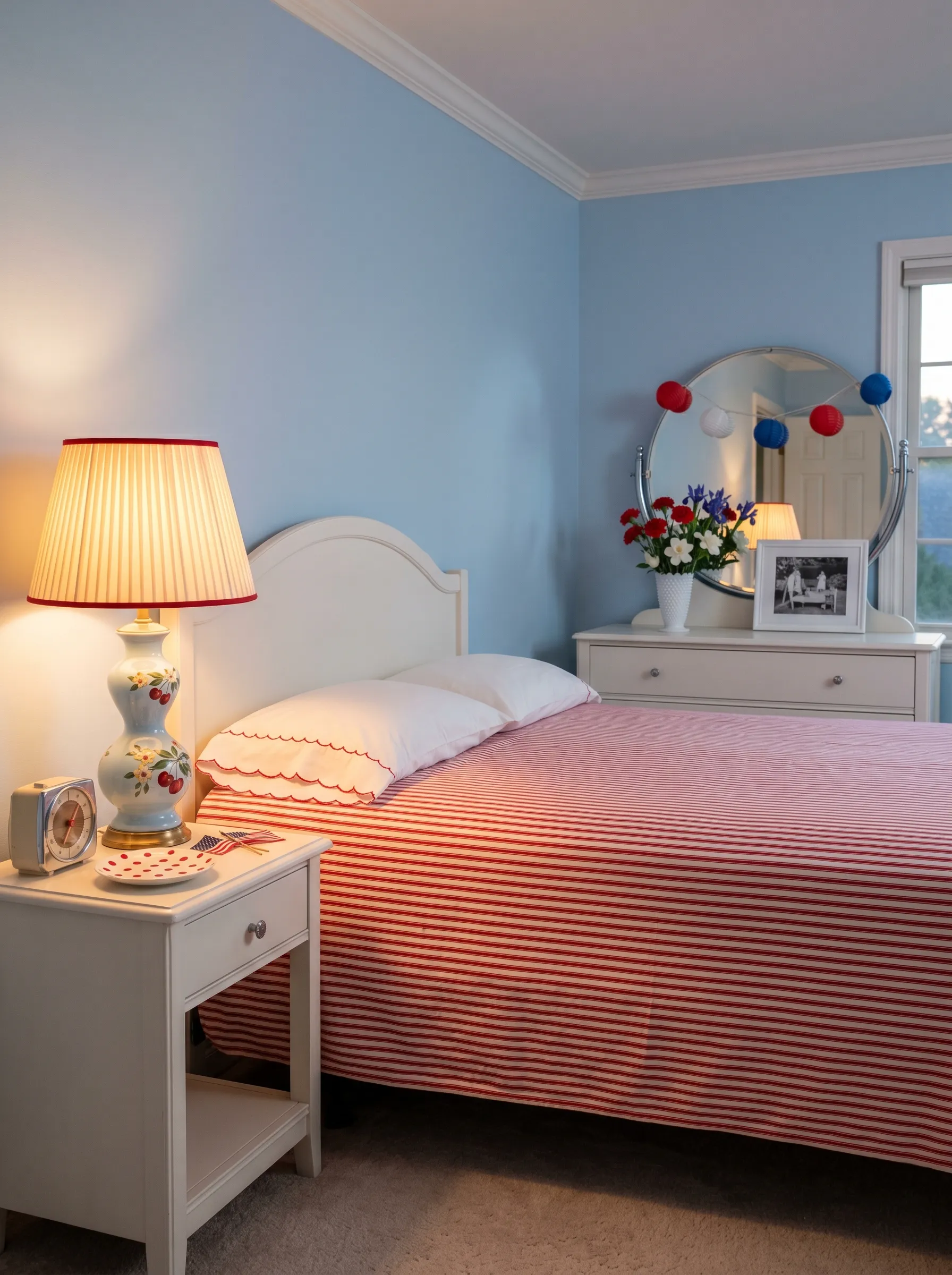 The Light Blue Bedroom With Red Stripe Bedding and Cherry Motif Lamp