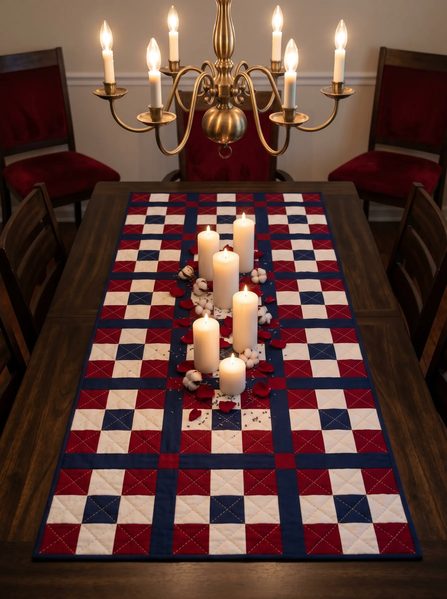 The Midnight Checkerboard Quilted Runner With Pillar Candle Grouping
