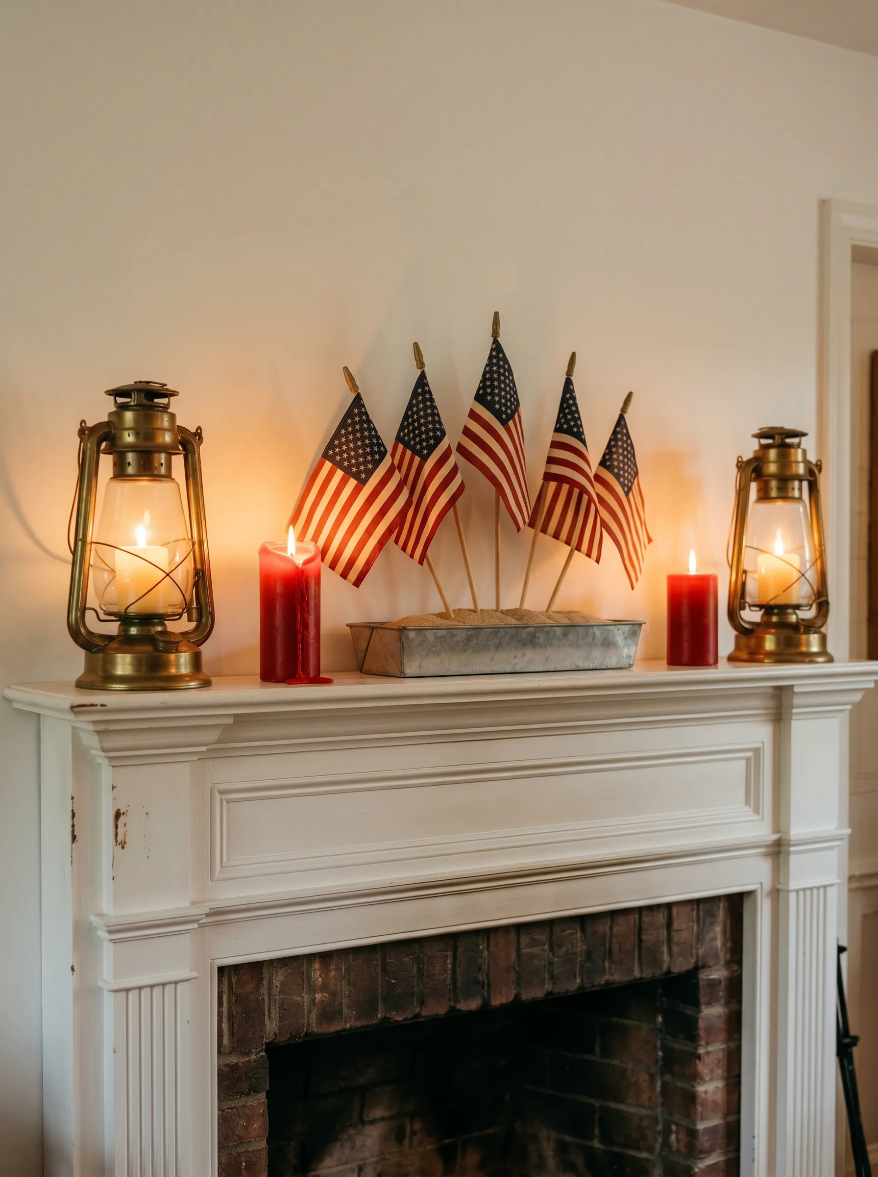 The Mantel Flag Fan With Lanterns and Candles