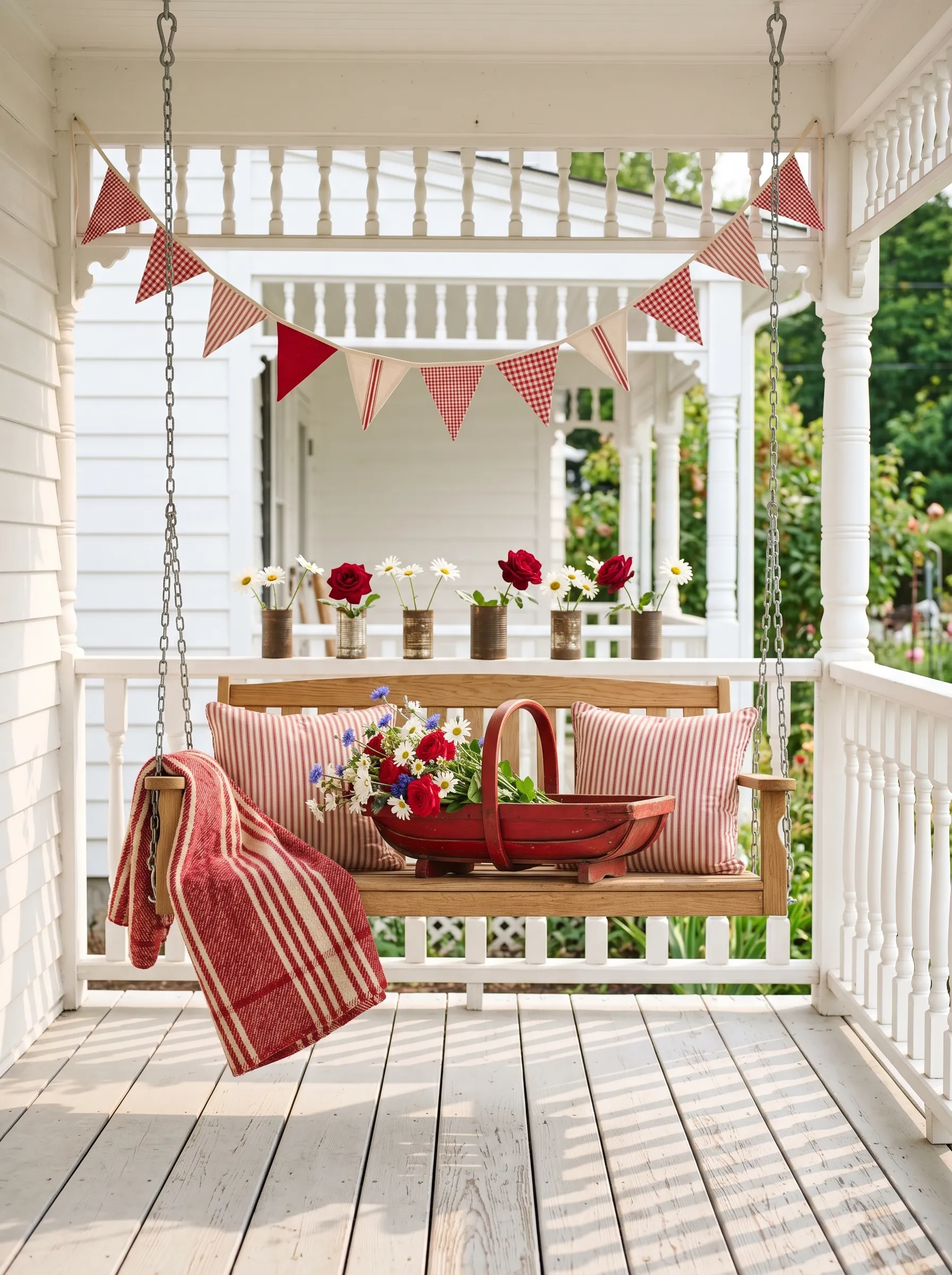 The Farmhouse Porch Swing With Gingham Bunting and Red Garden Trug