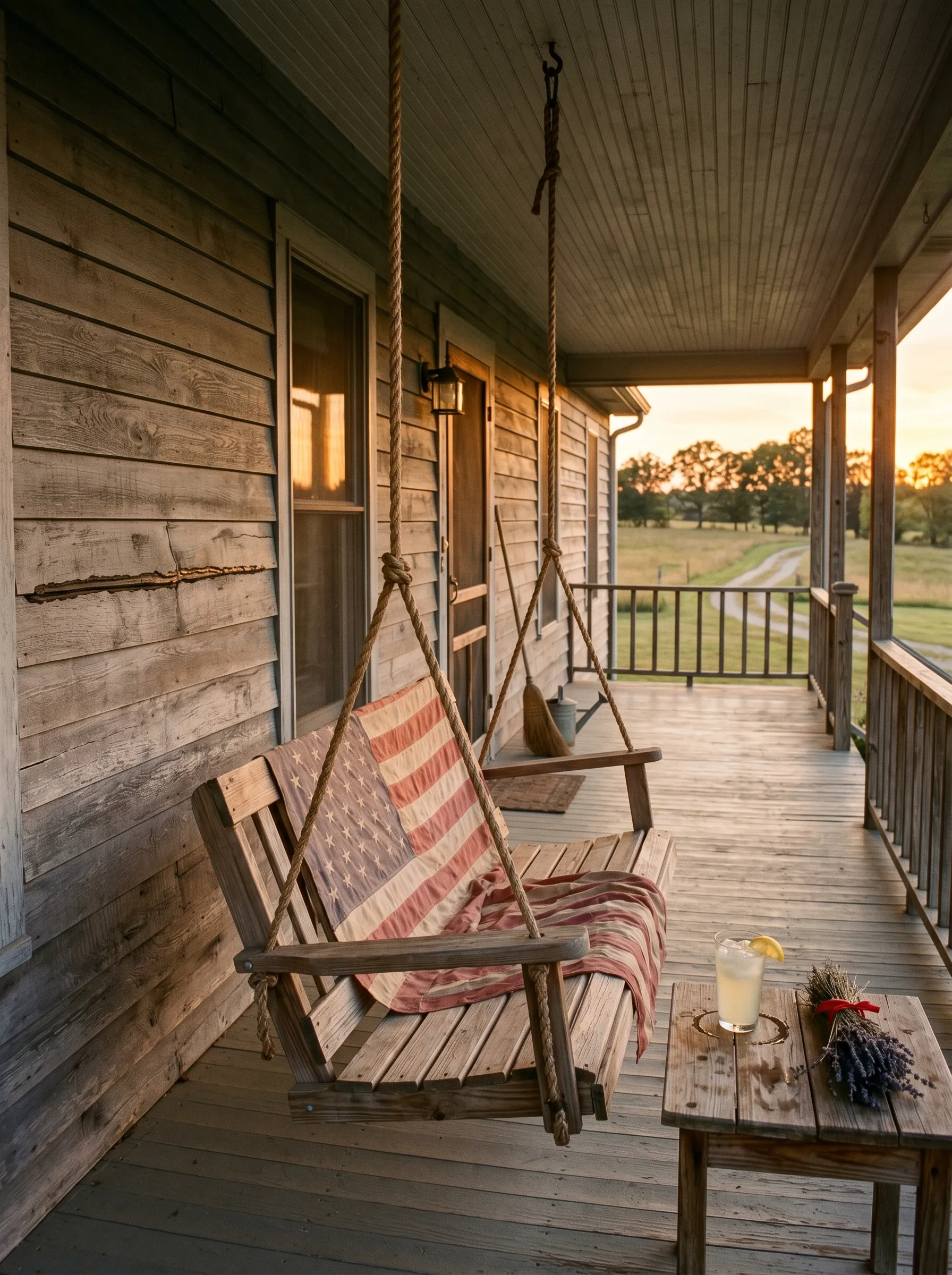 The Ranch Porch at Sunset With a Flag Throw and a Lemonade