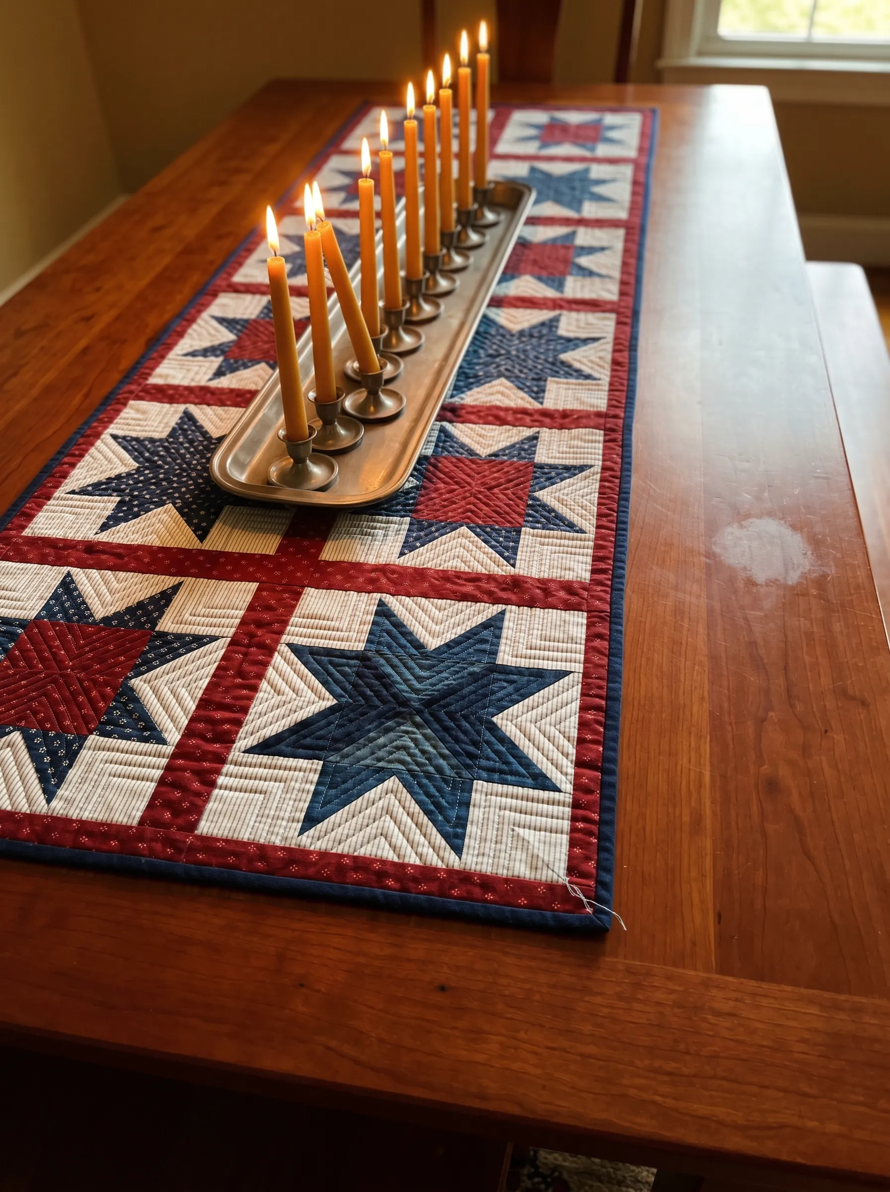 The Lone Star Quilted Runner With Beeswax Taper Candle Tray