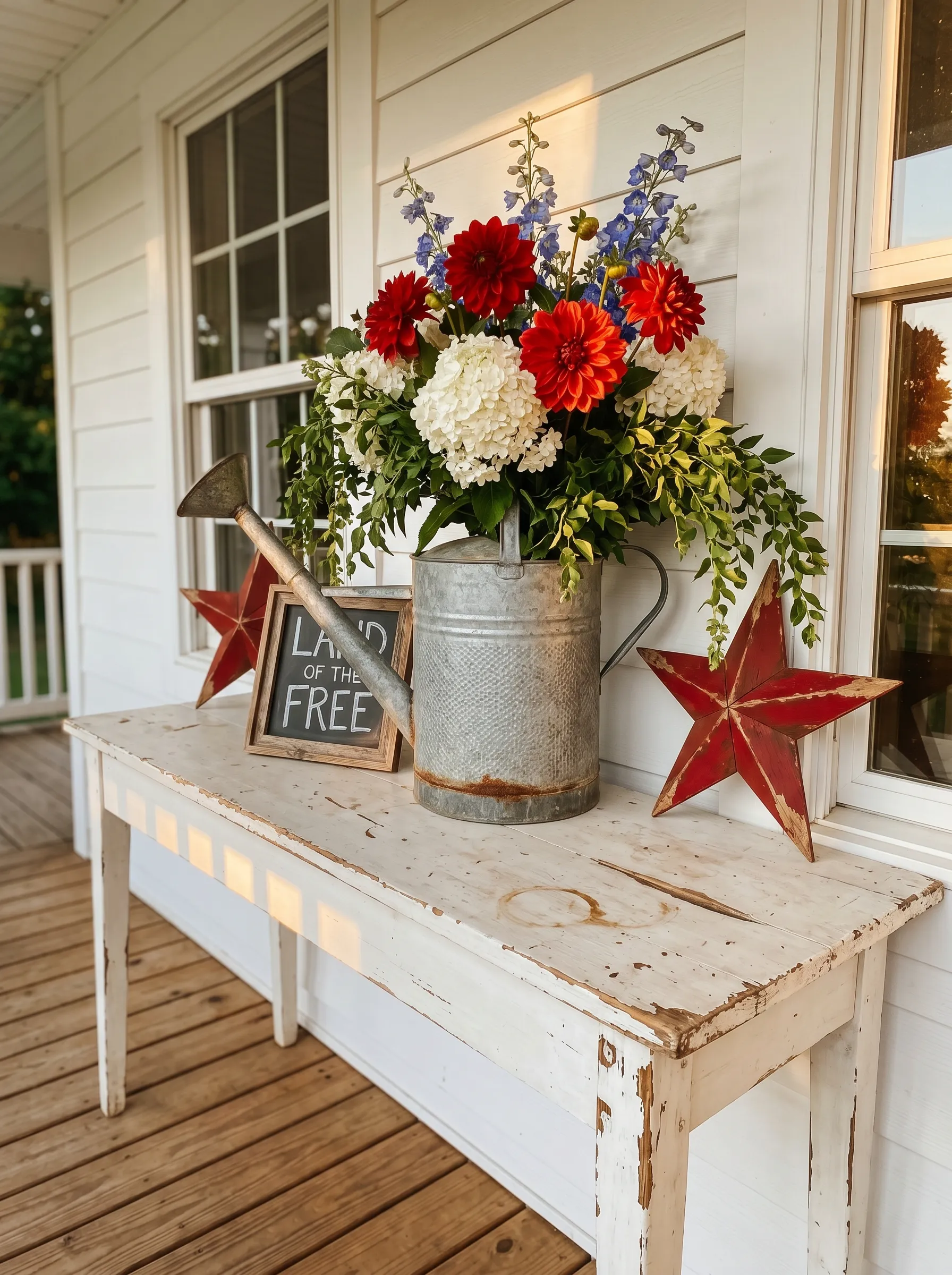 The Chippy Console Table Styled With a Galvanized Can and Barn Stars