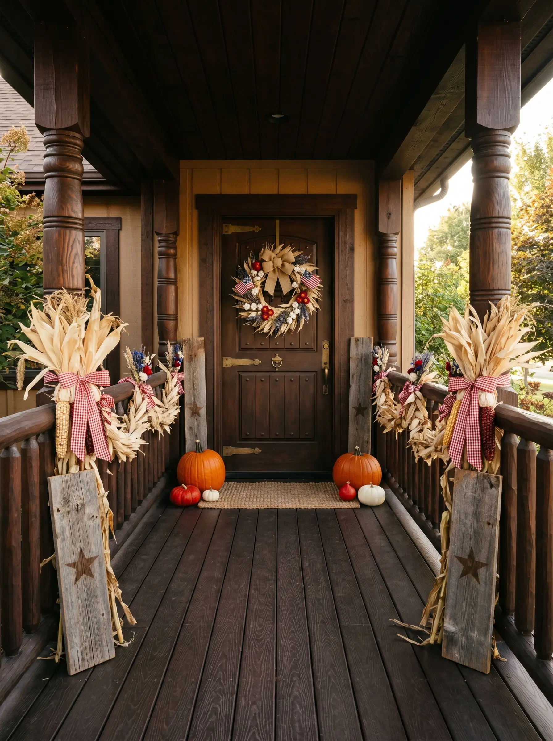 The Dark Craftsman Cabin Porch Built Around Corn Stalks and Pumpkins