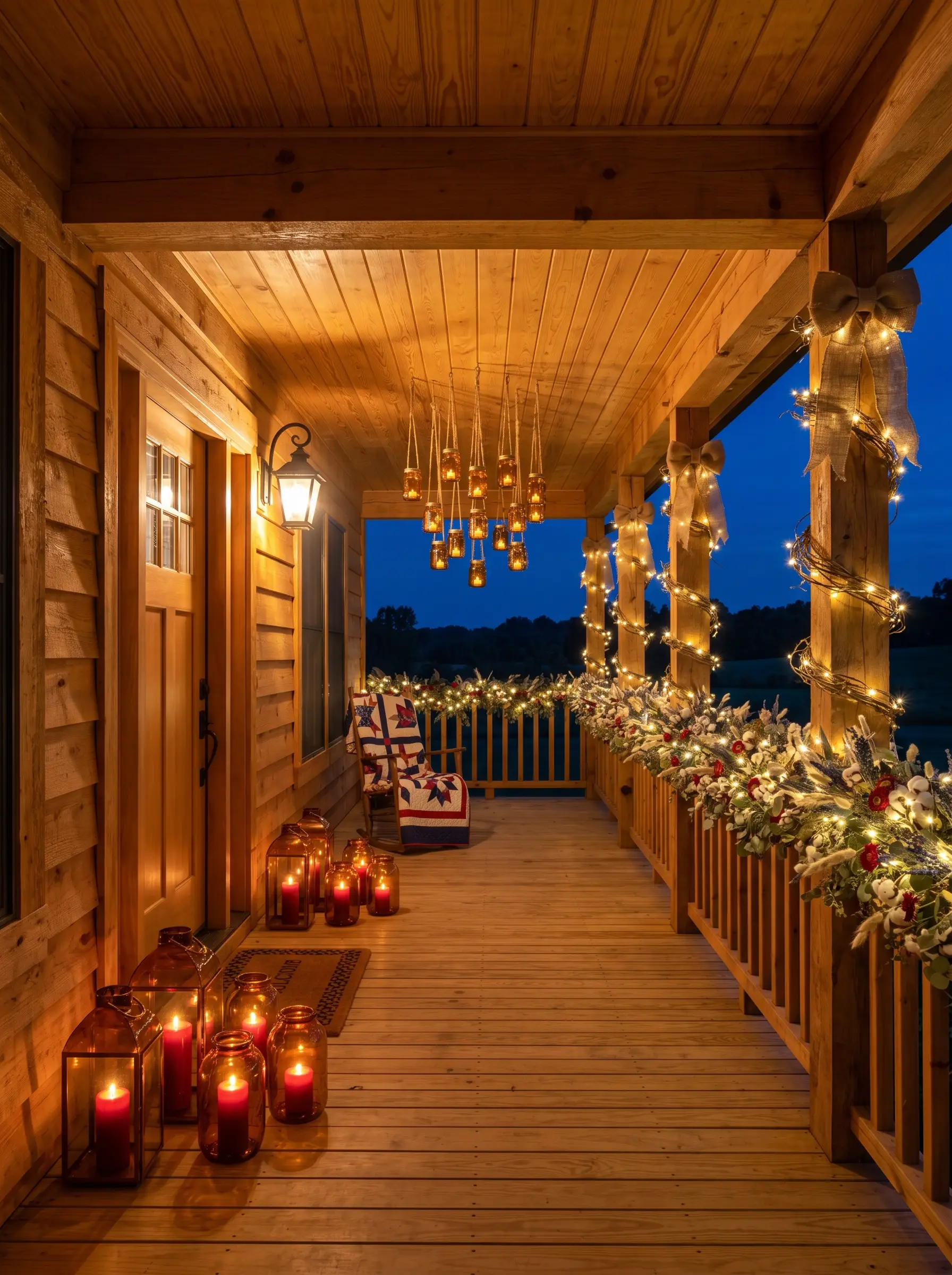 The Warm Cedar Porch That Makes Candles and a Star-Quilt Its Entire Argument