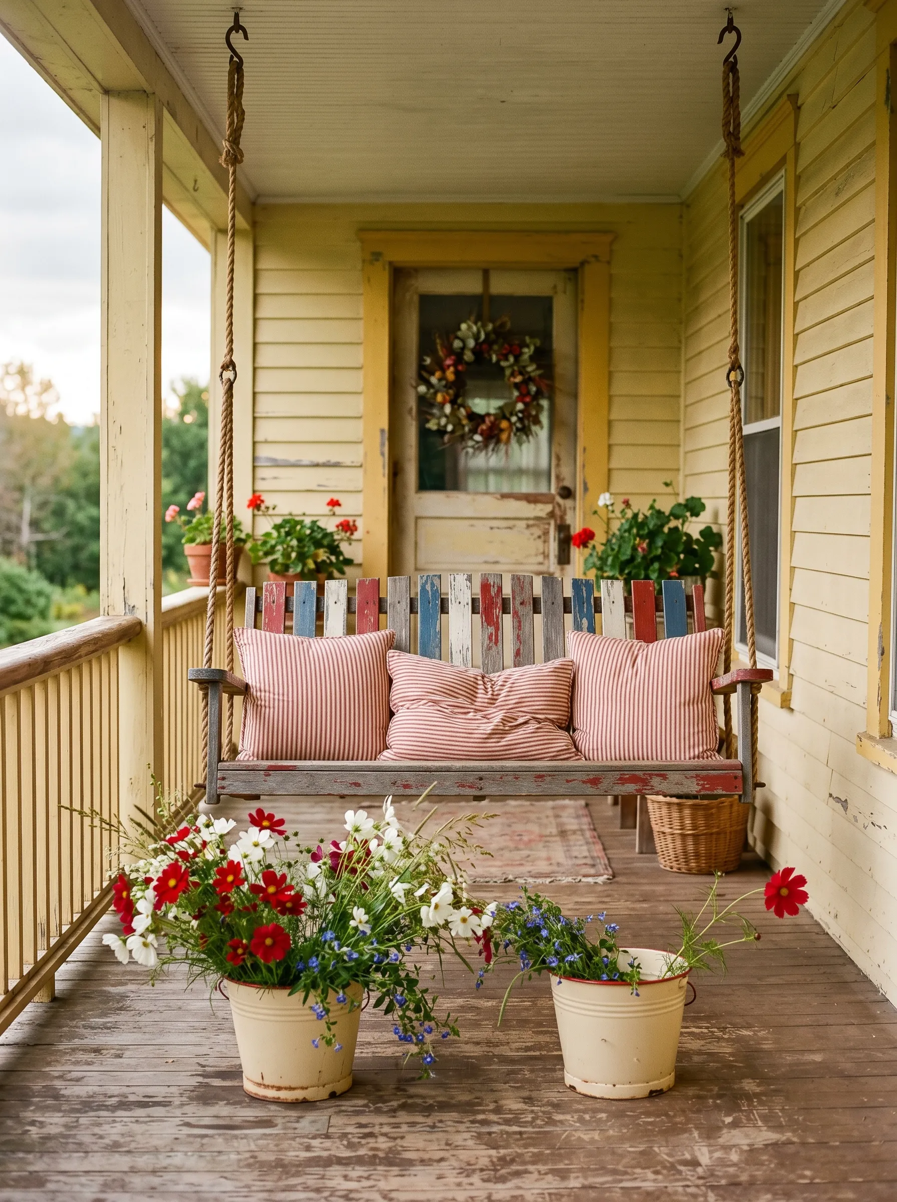 The Distressed Porch Swing With Painted Slats and Enamelware Buckets