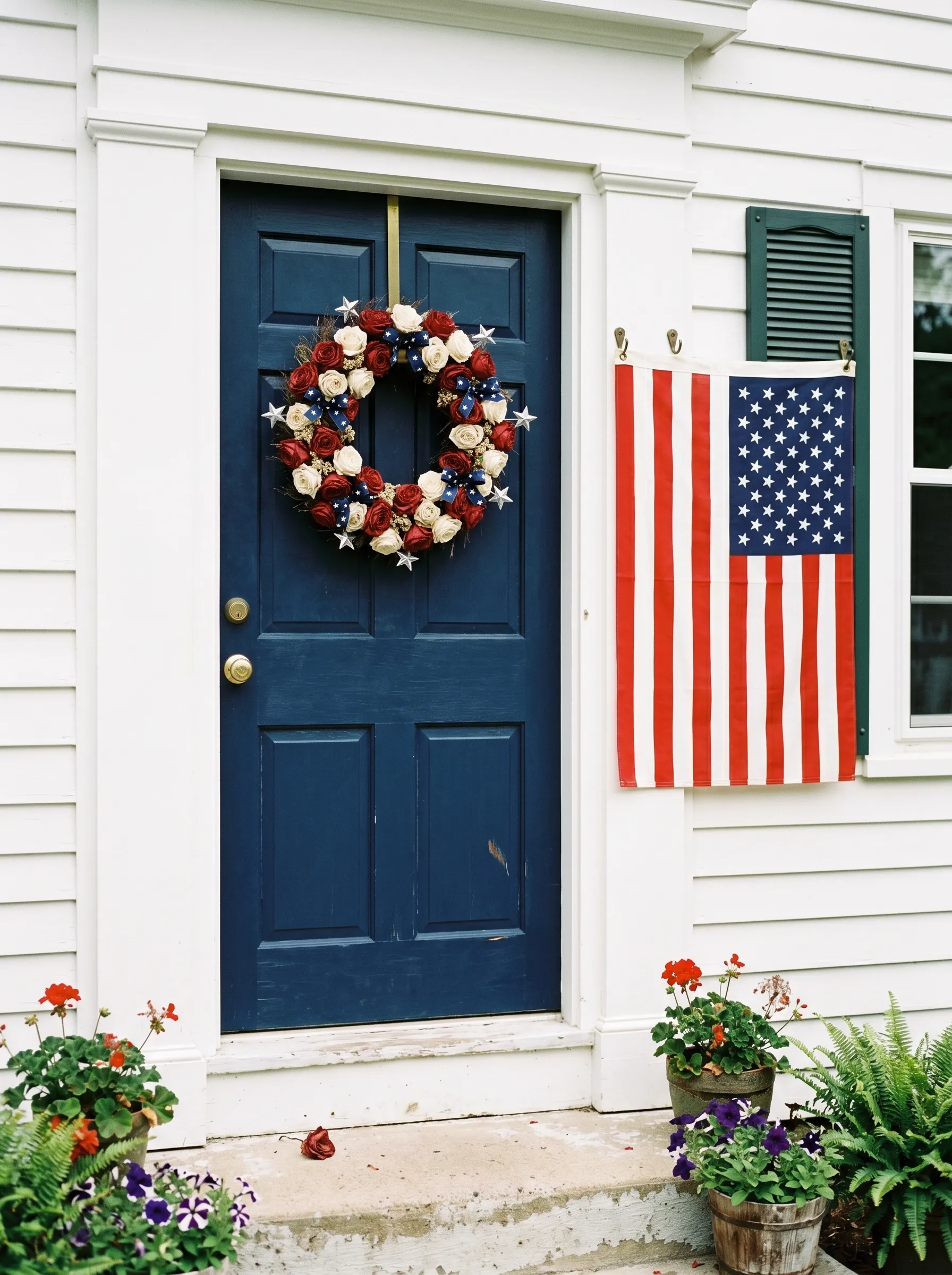The Navy Door With Wreath and Wall-Mounted Flag