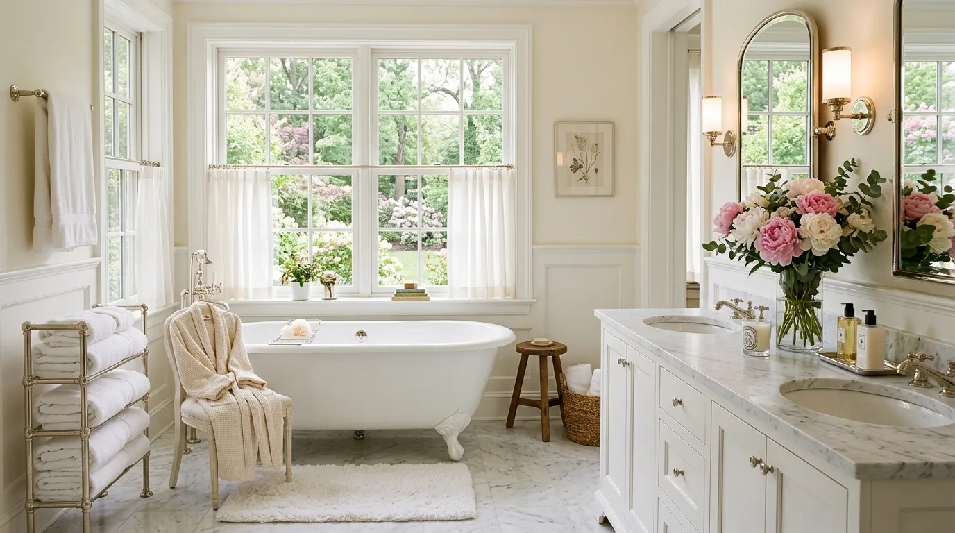 Nancy Meyers Bathroom Ideas for People Whose Shampoo Bottles Are Ruining the Illusion