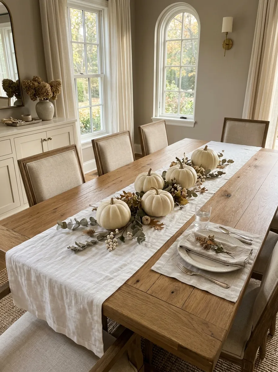 1. White Pumpkins on a Linen Runner