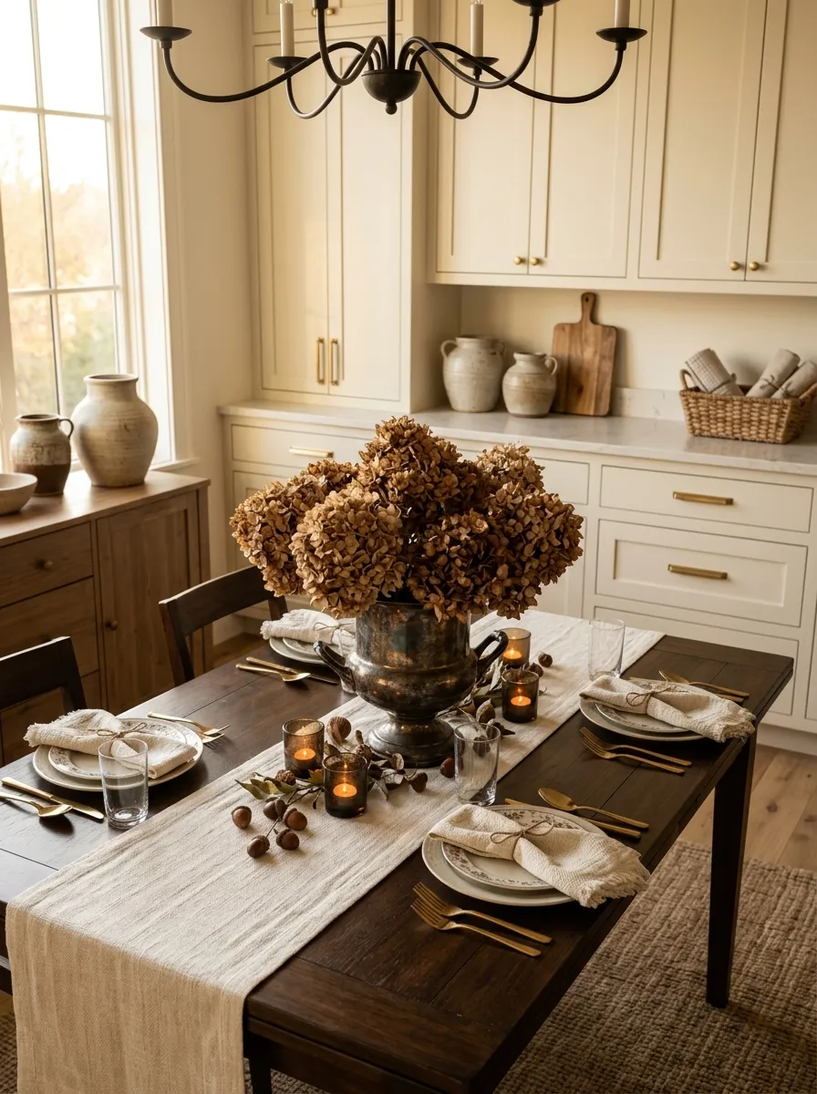 13. Dried Hydrangeas in a Tarnished Urn
