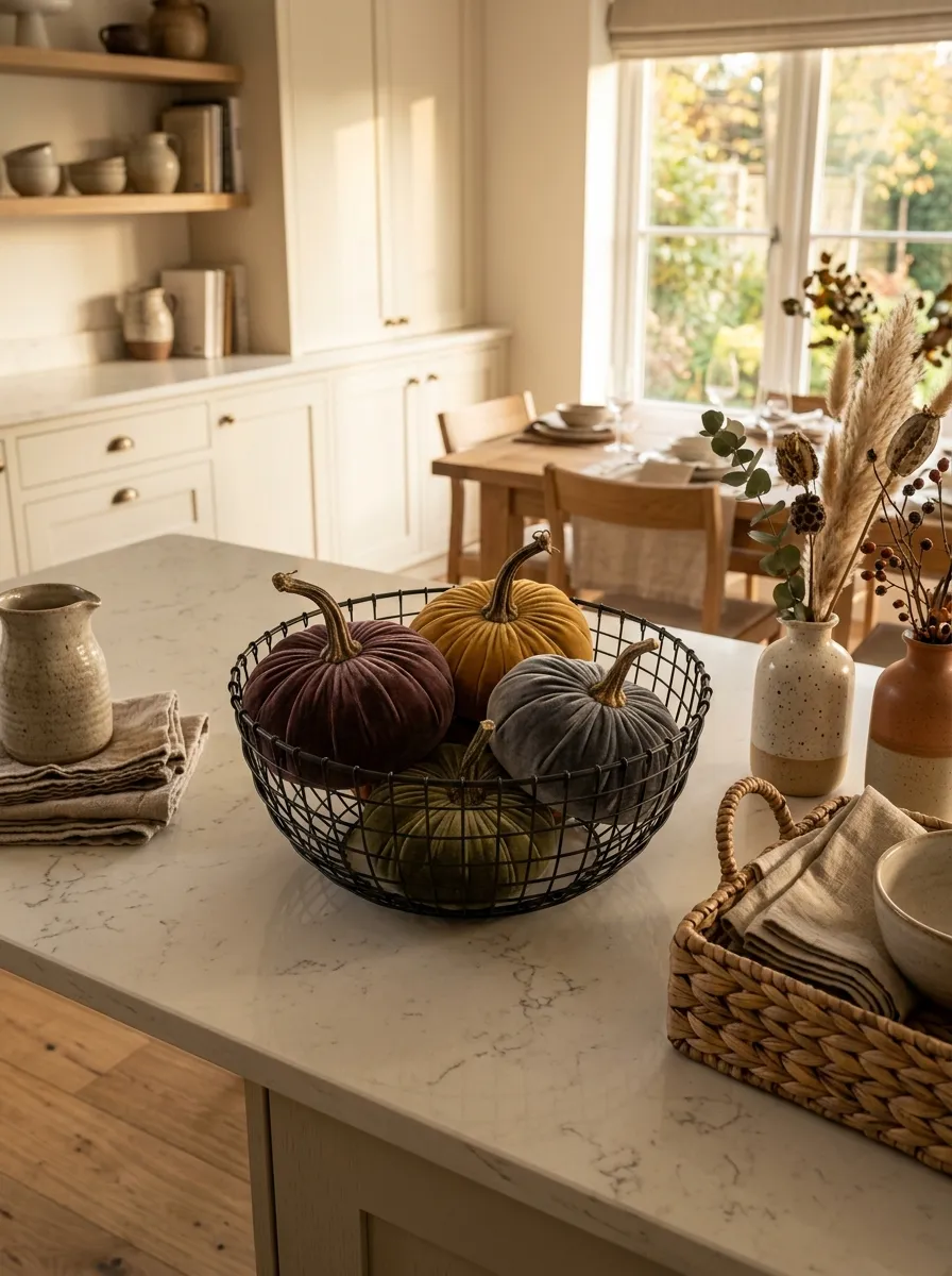 18. Velvet Pumpkins in a Wire Basket