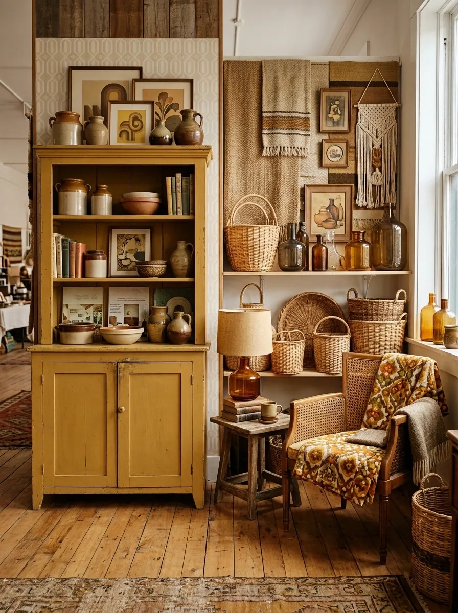 1970s Harvest Booth With Mustard and Avocado Tones