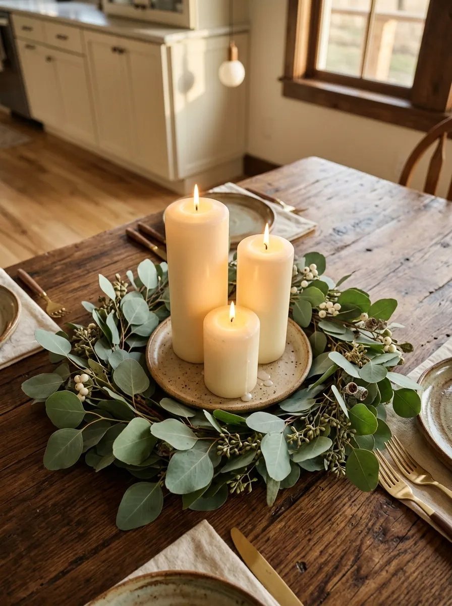 3. Pillar Candles and Fresh Eucalyptus
