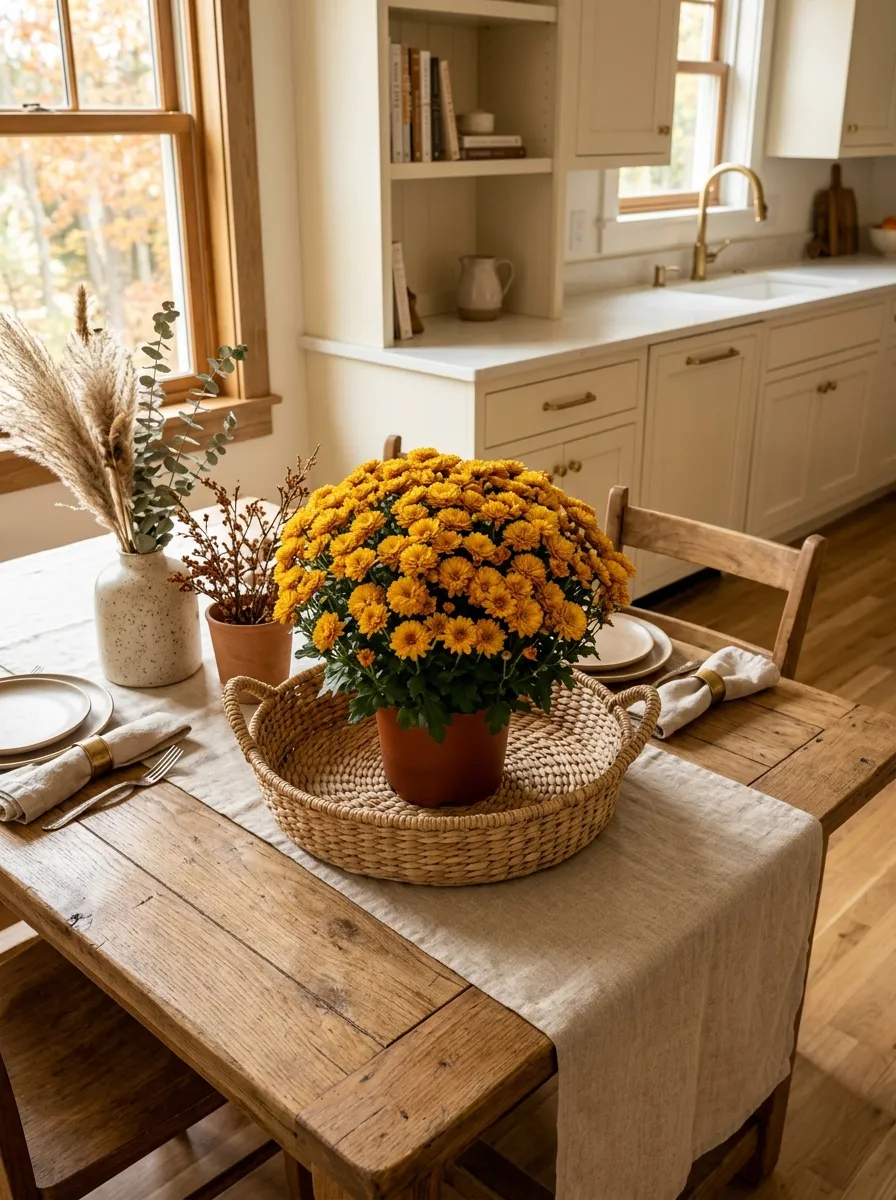 7. Potted Mums in a Woven Basket