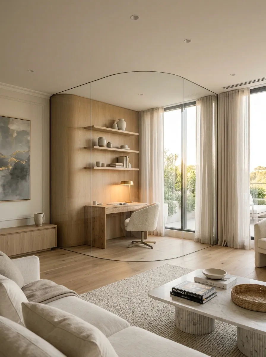 A Curved Glass Enclosure Around a Work Nook