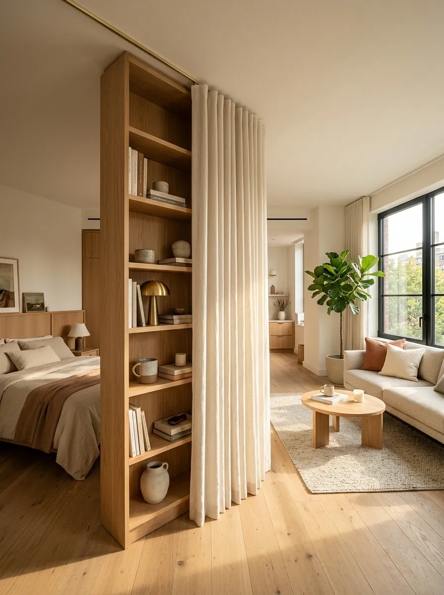 A Layered Curtain and Open Shelf Divider