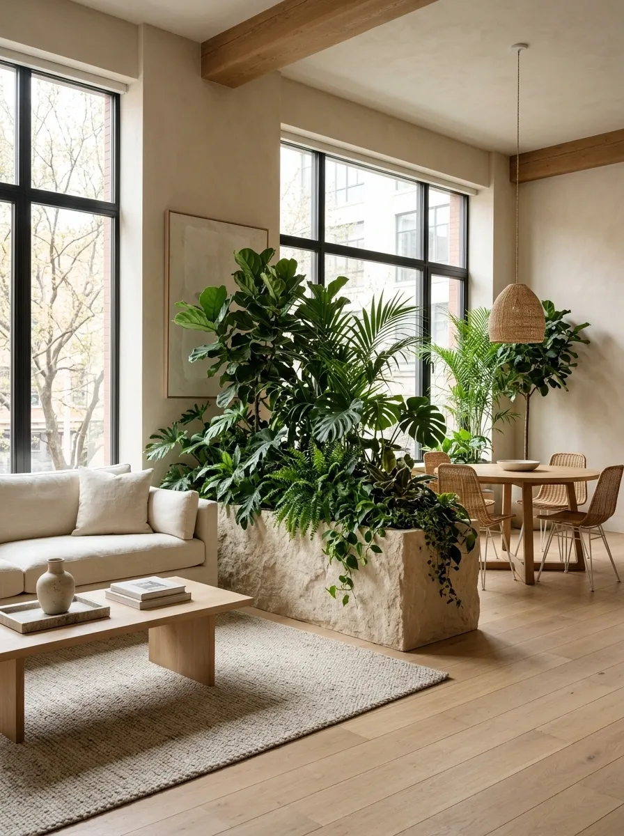 A Living Green Wall Between Lounge and Dining