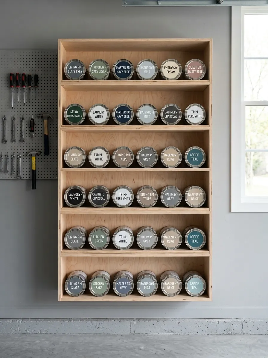 A Paint Can Storage Shelf With Lid Labels