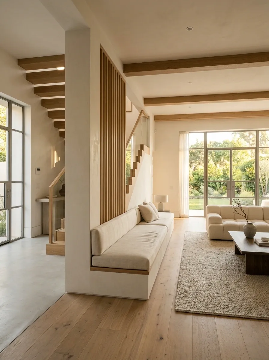 A Sculptural Stair Divider With Integrated Seating