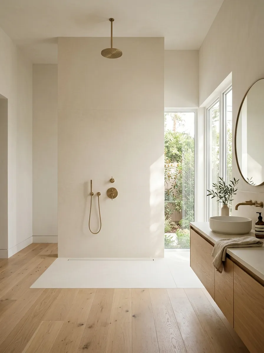 Add a ceiling-height tiled wall for a hotel-style look
