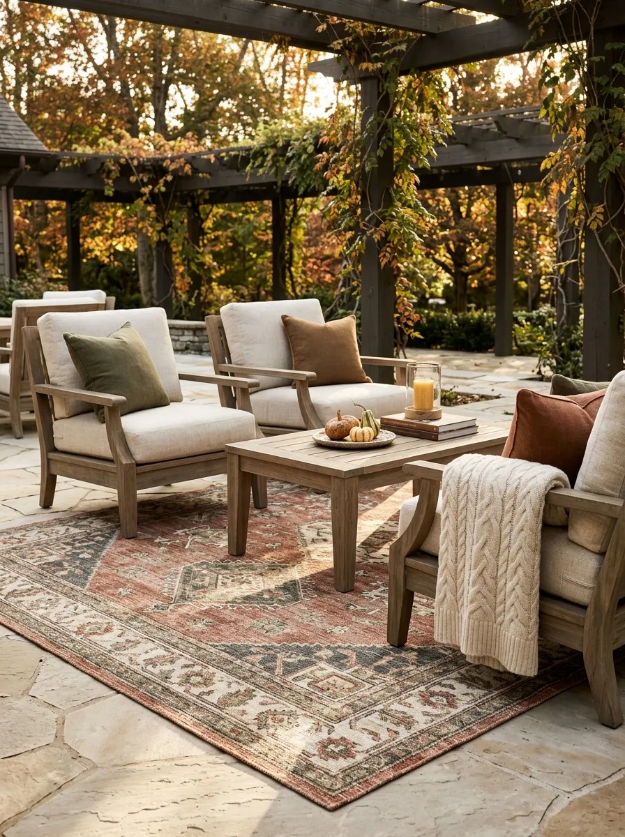 Add a Fall-Colored Outdoor Rug Under the Seating