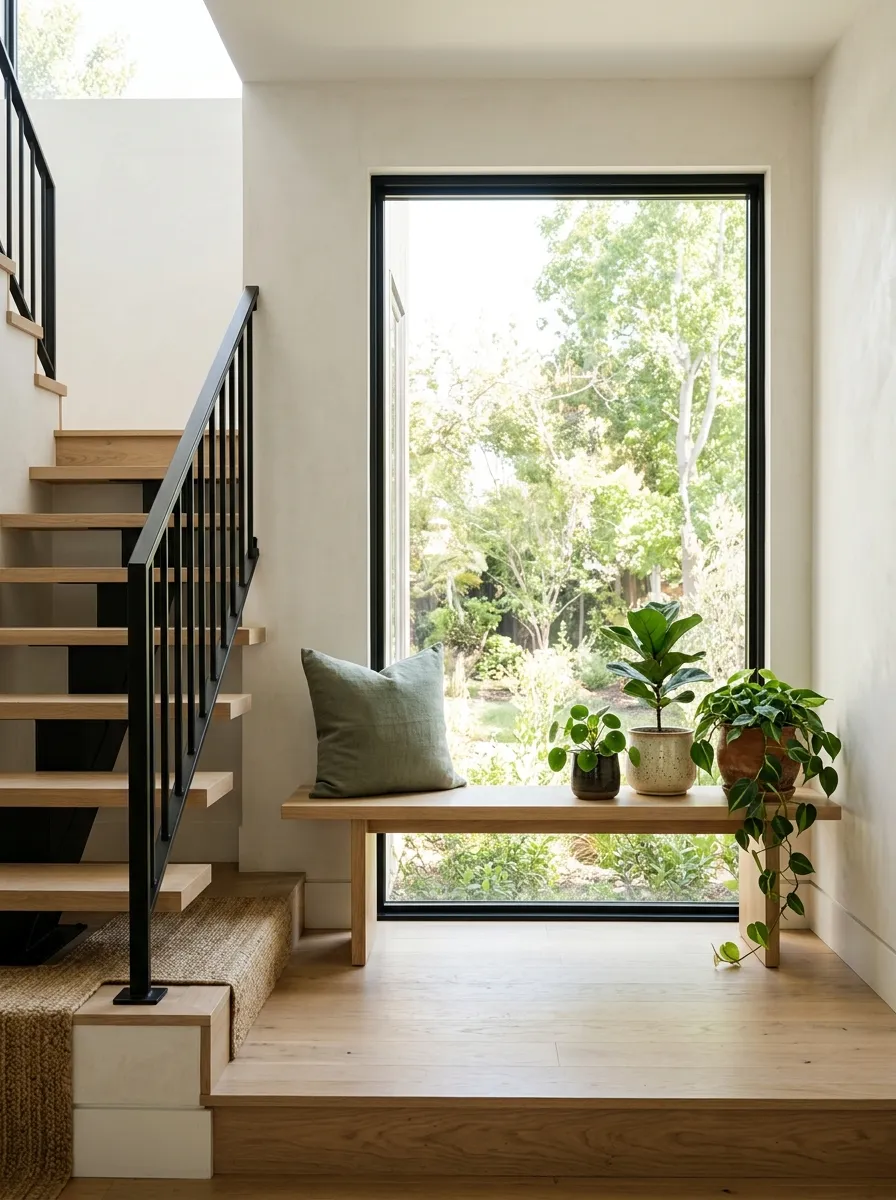 Add A Small Bench With Potted Plants On The Landing