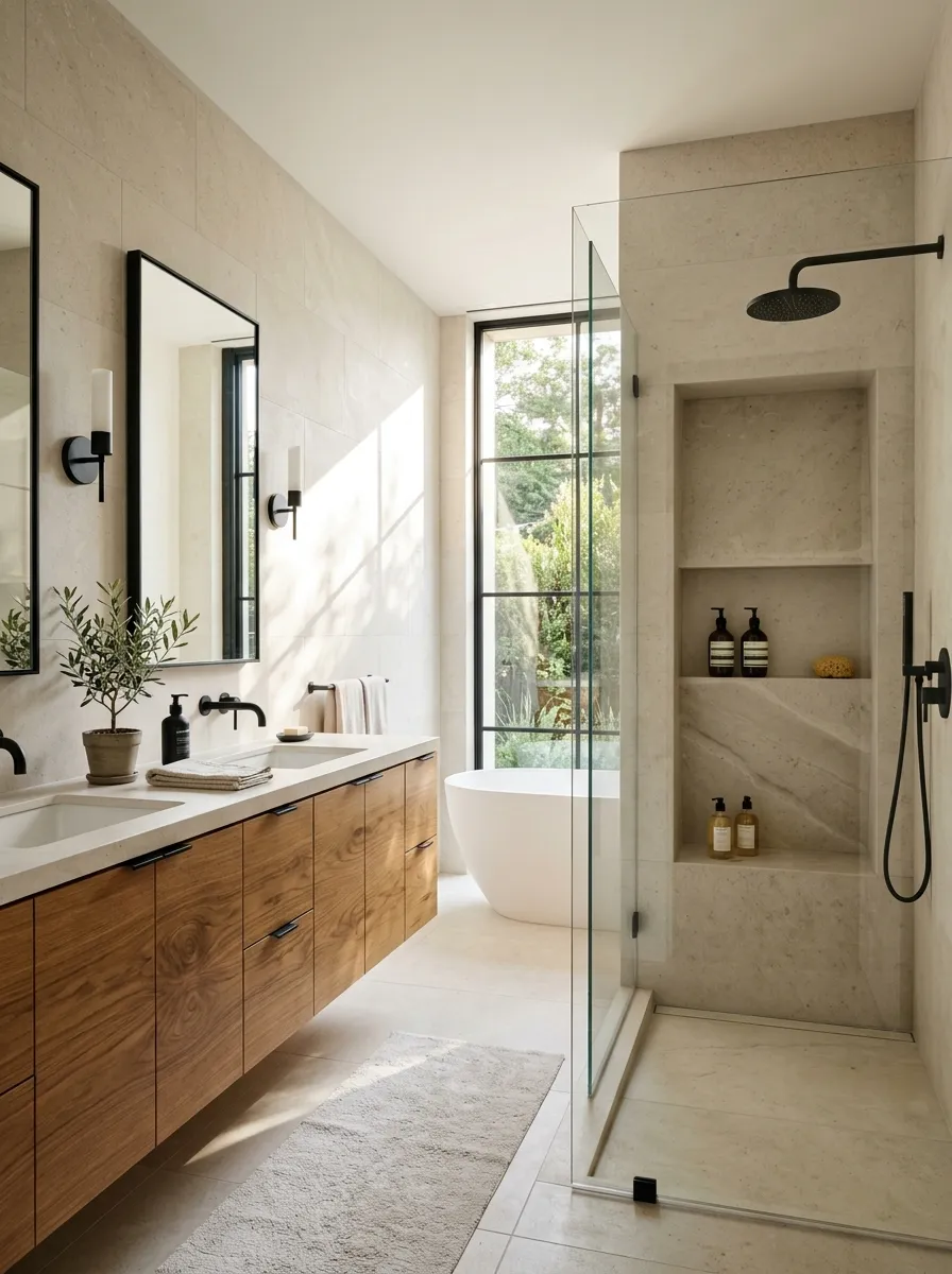 Add a Warm Wood Vanity to Break Up Hard Surfaces
