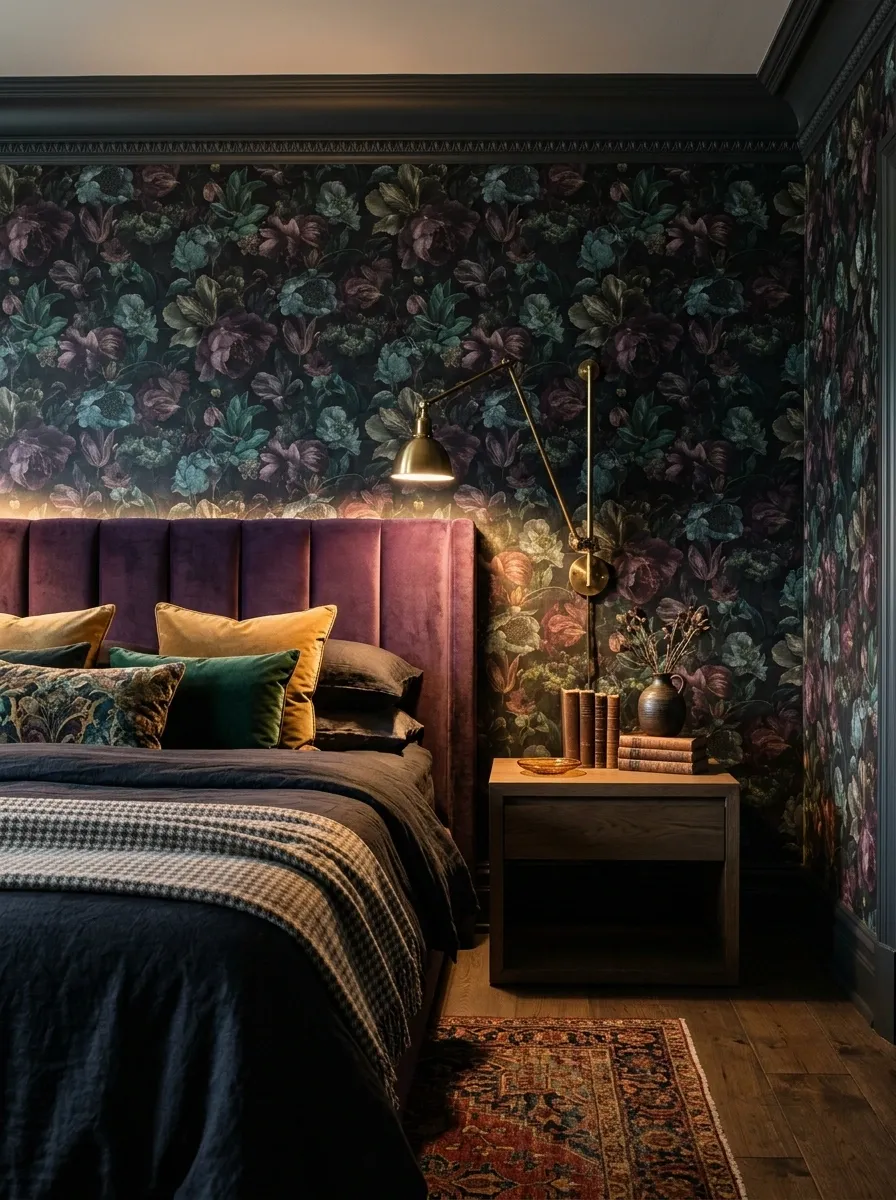 Add Antique Brass Lighting Against Dark Floral Walls