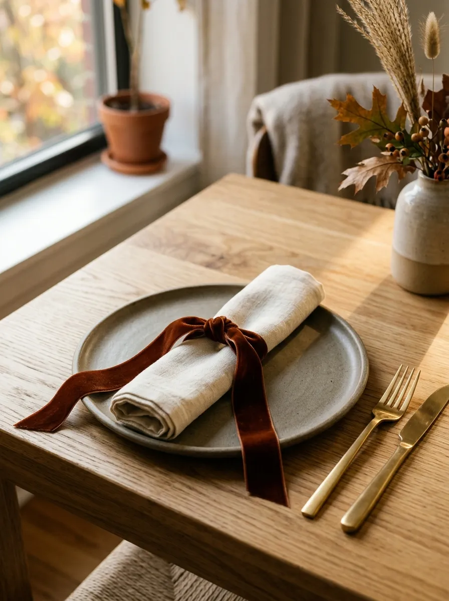 Add Warm-Tone Velvet Ribbons Around Rolled Cloth Napkins