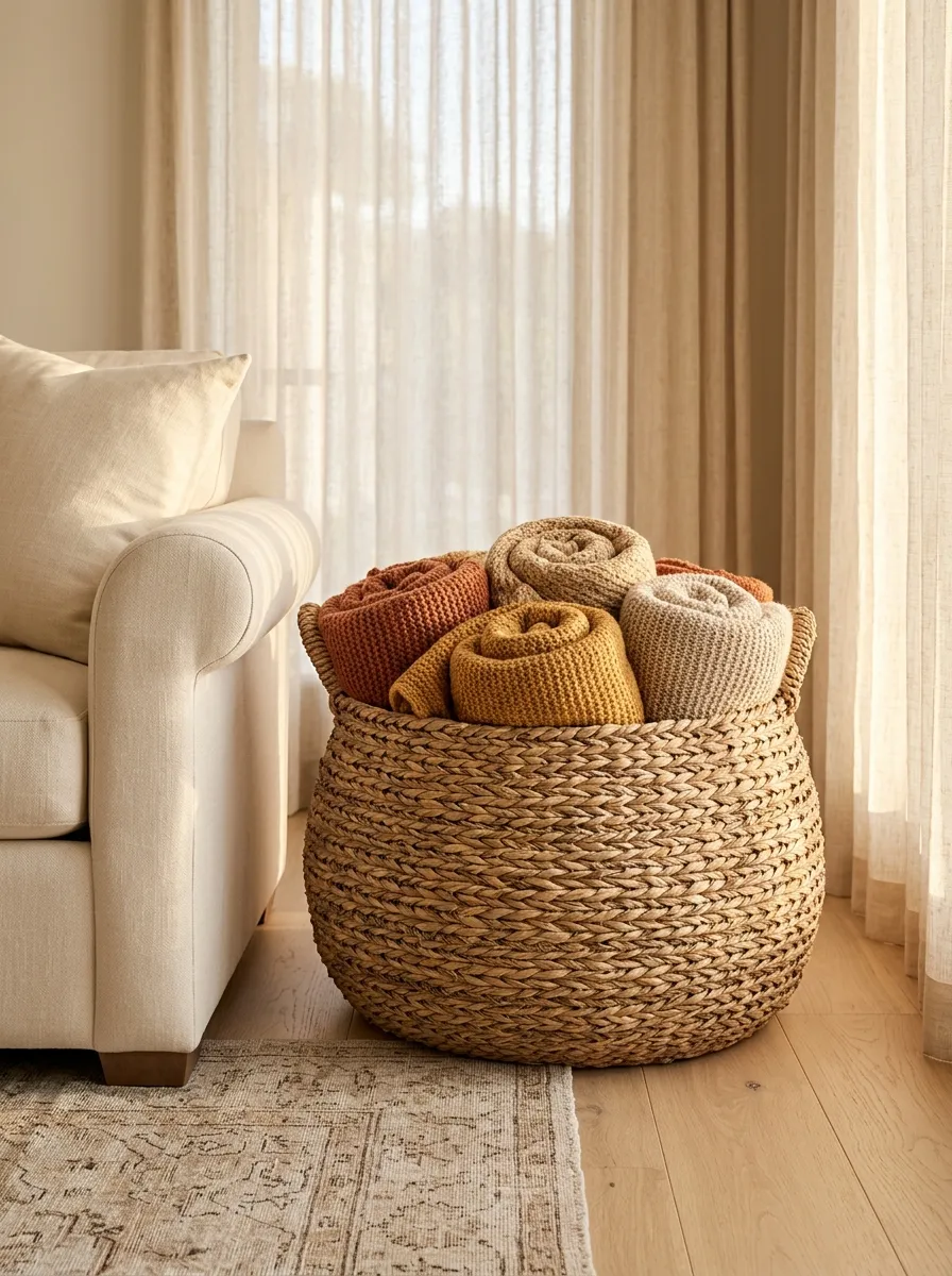 Add Woven Baskets For Extra Blanket Storage