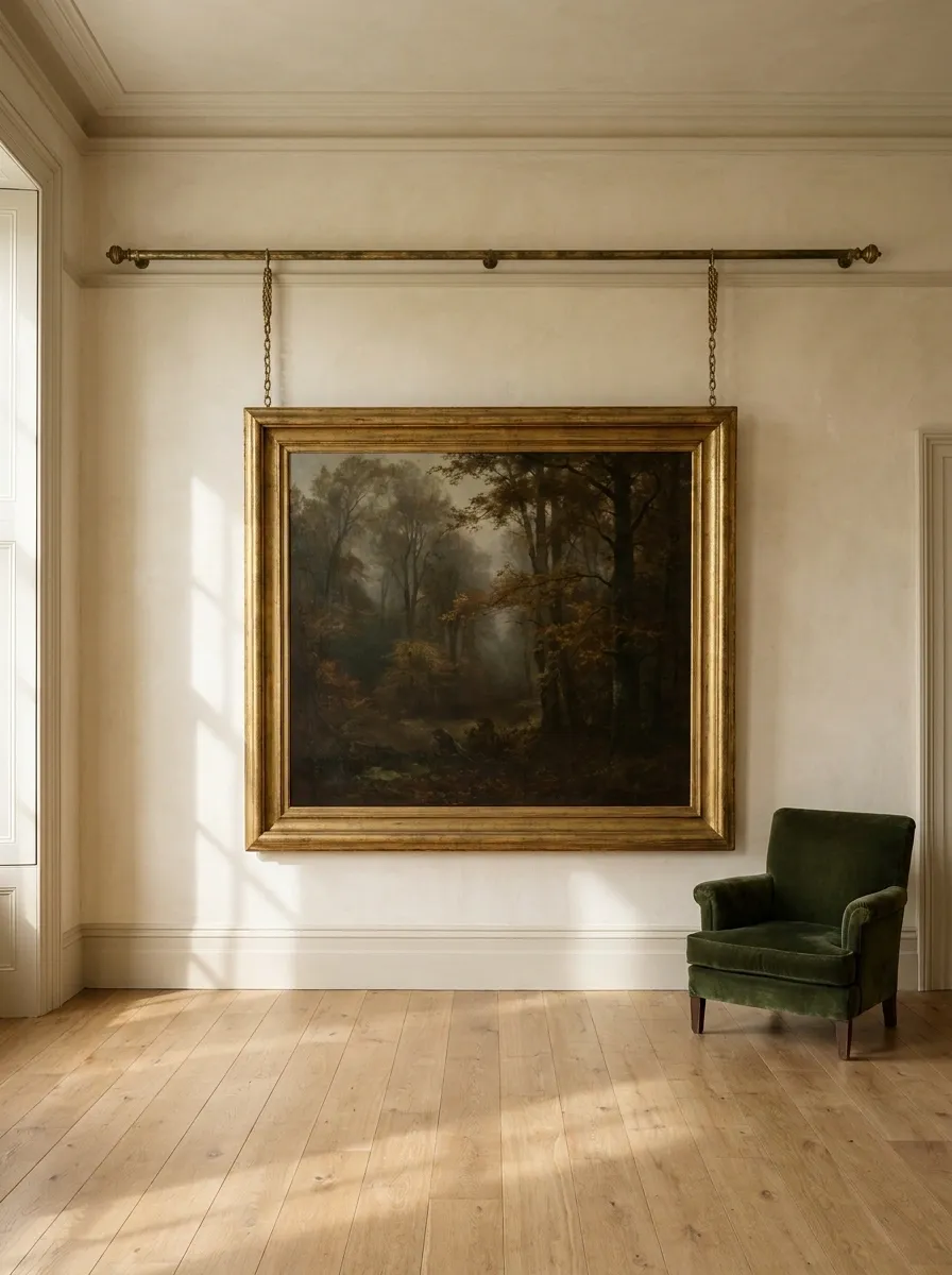 Aged Brass Picture Rails with Oversized Moody Landscapes