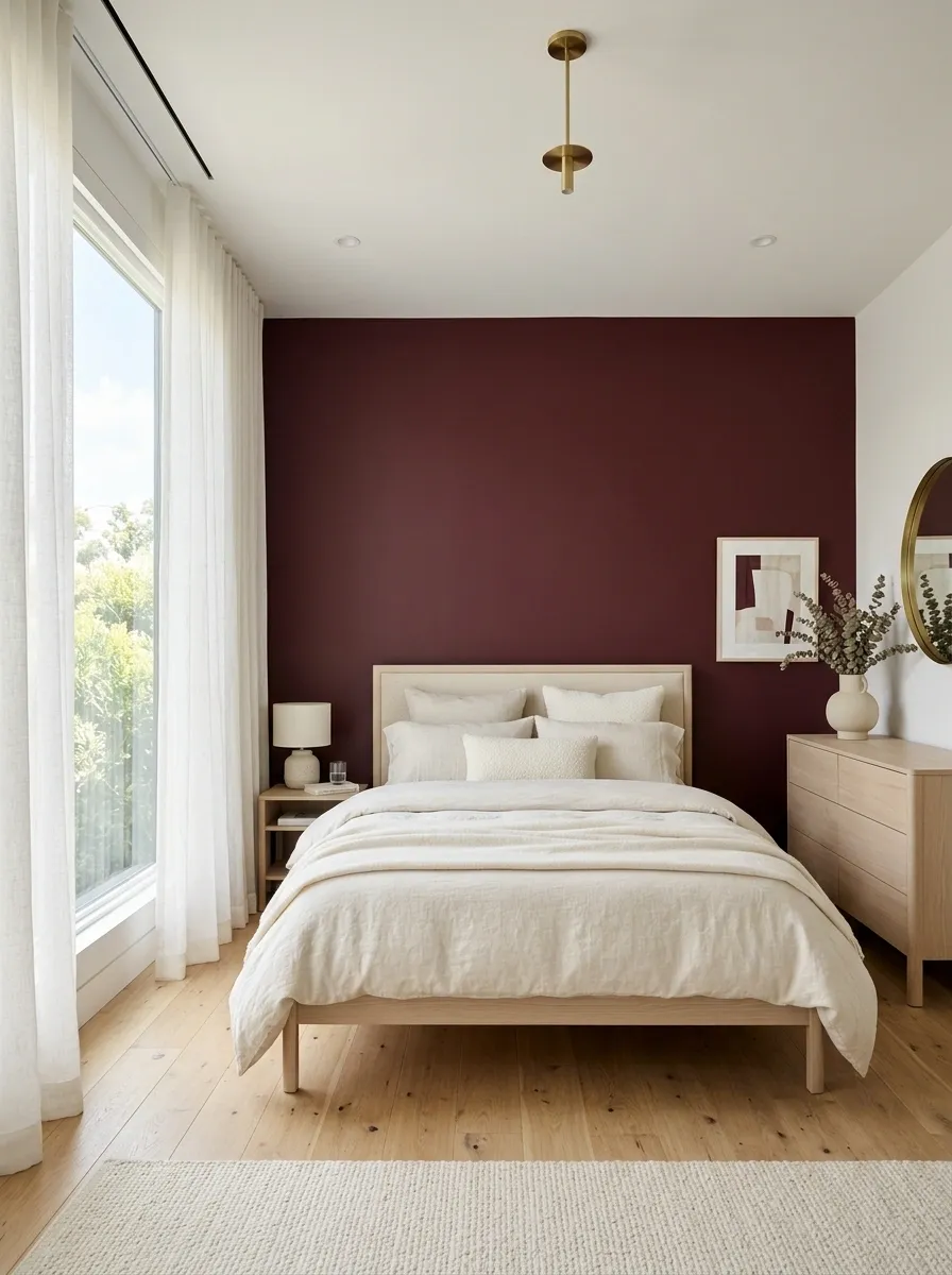 Airy Burgundy Bedroom With Sheer Curtains and Pale Wood