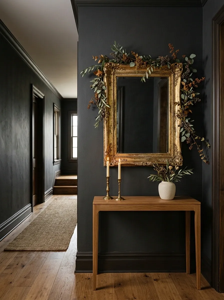 Antique Mirror and Slim Console in a Dark Hallway