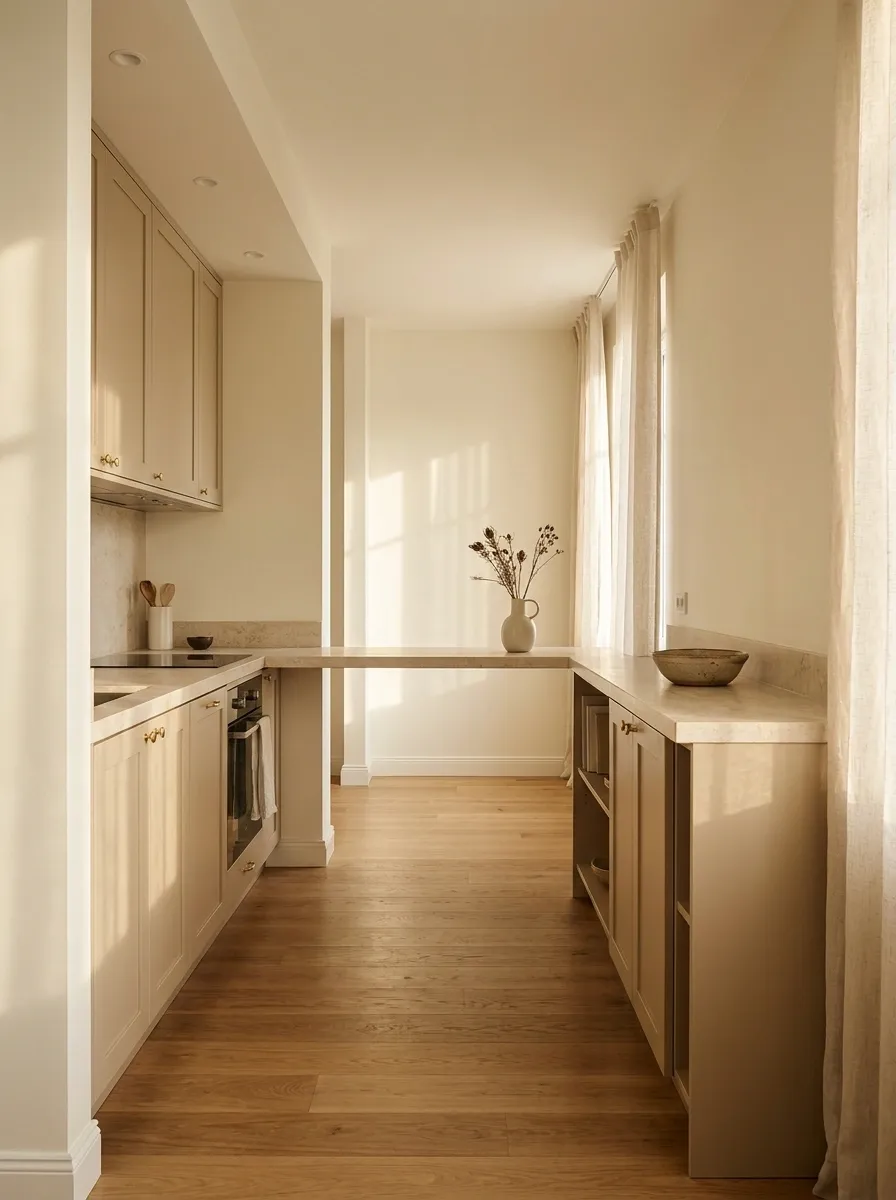 Apartment Kitchen With a Counter Running Into the Entryway